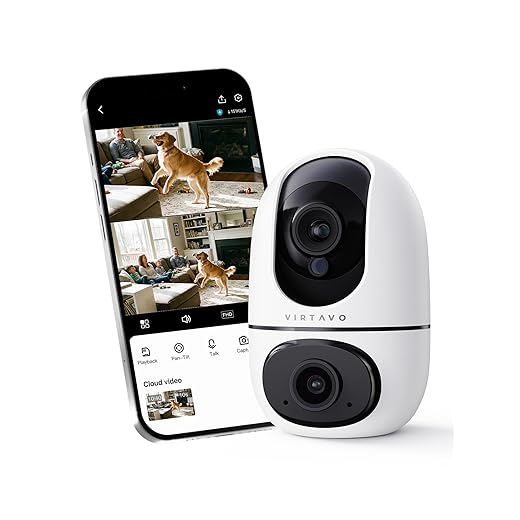 virtavo XD1 Indoor Security WiFi Camera, No Subscription Required, Dual-Lens 360° PTZ Baby Monitor & Pet Cam, Motion Tracking, 2-Way Audio, Night Vision, Cloud/SD Storage, Phone App, Plug-in Power