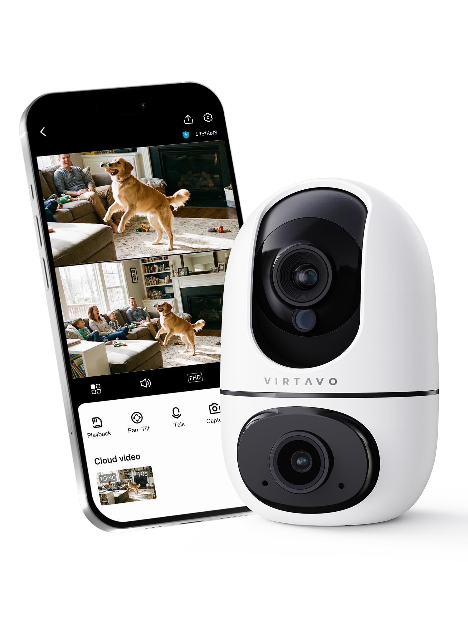 virtavo XD1 Indoor Security WiFi Camera, No Subscription Required, Dual-Lens 360° PTZ Baby Monitor & Pet Cam, Motion Tracking, 2-Way Audio, Night Vision, Cloud/SD Storage, Phone App, Plug-in Power