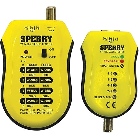 Sperry Instruments TT64202 Cable Test Plus, Coax & UTP/STP Cable Tester - Detects: Shorts / Miss-wires & Reversals, Wiring Reference Chart Included, 2 Pc. Kit, Yellow & Black