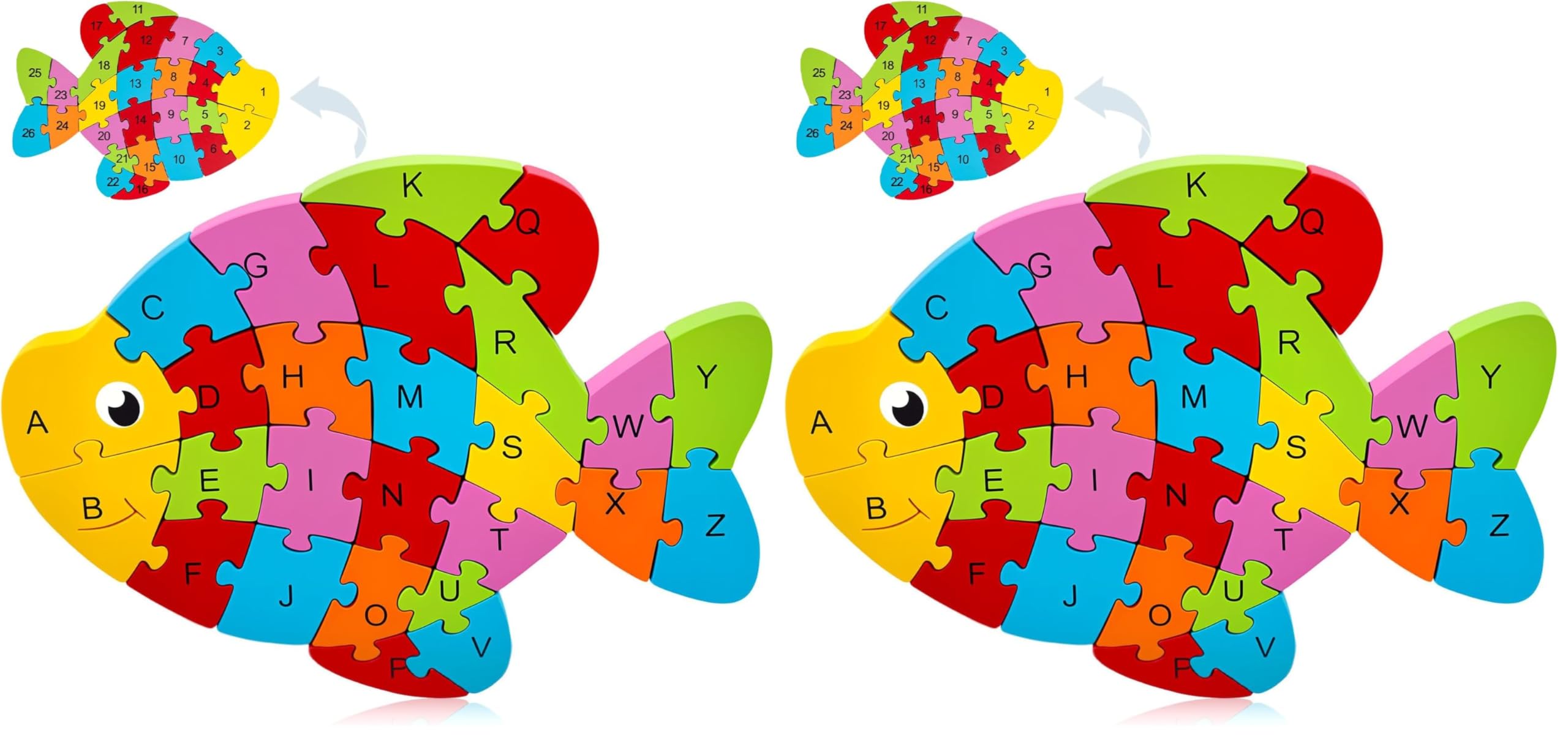 LovesTown Wooden Puzzles for Kids, Double Sided Goldfish Jigsaw with Alphabet &amp; Numbers, Montessori Educational Toy for Toddlers, Chunky Animal Gift (Pack of 2)