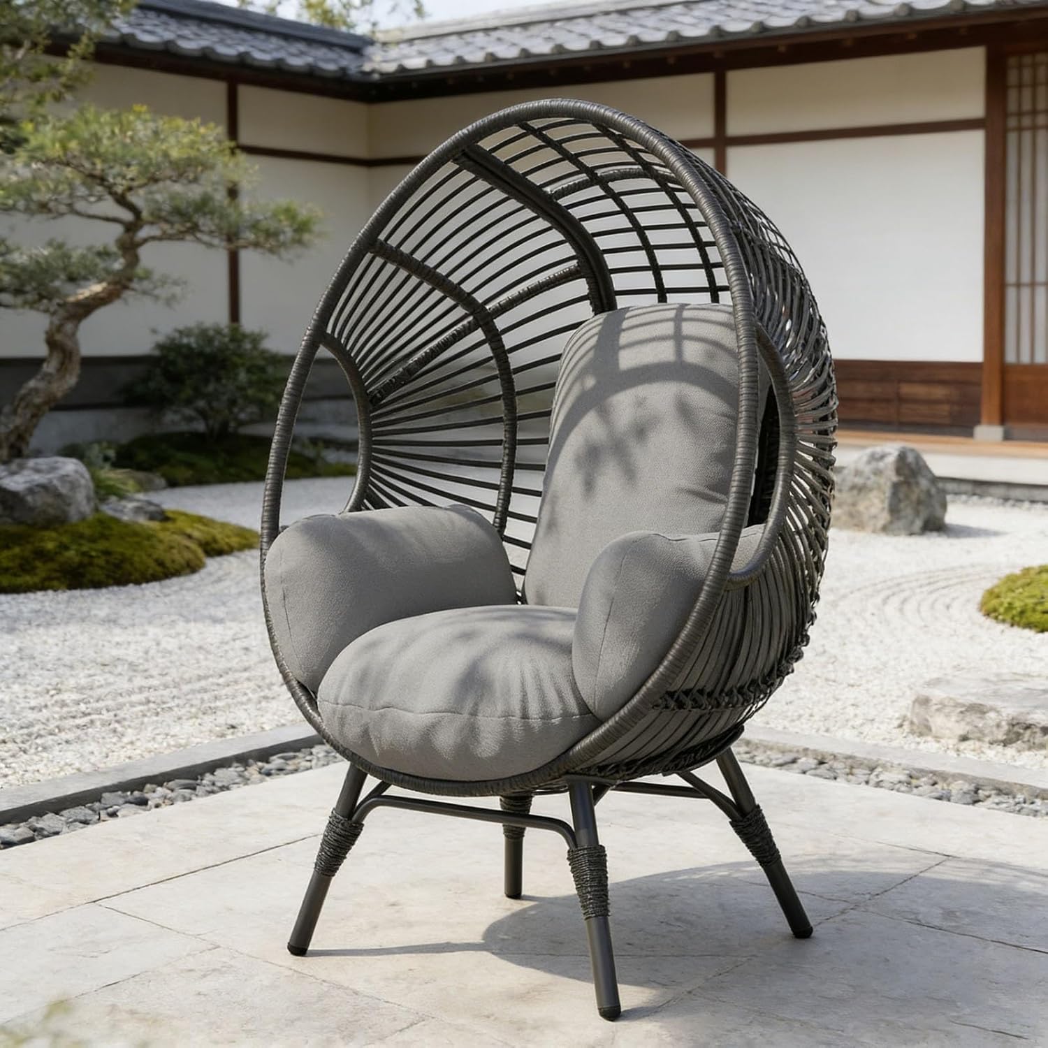 Egg Chair Wicker with 8-Inch Cushion, 400lbs Capacity, Rust-Resistant Frame, Indoor Outdoor Balcony Chairs(Natural)