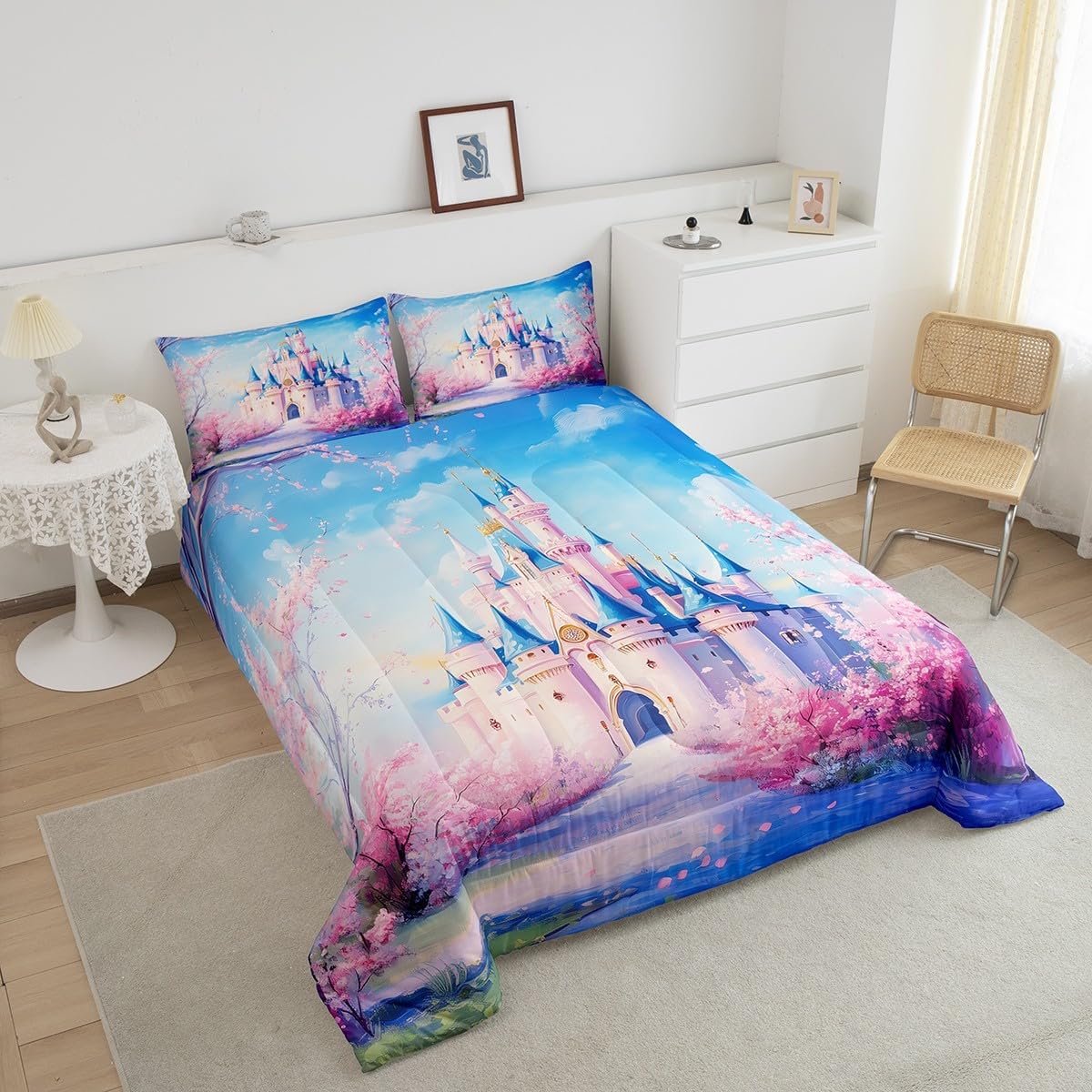 Castle Comforter Set Full Size,Princess Flower Floral Kids Bedding Set,Romantic Dreamy Fantasy Quilt Comforter,Blue Pink Duvet Insert,2 Pillowcases