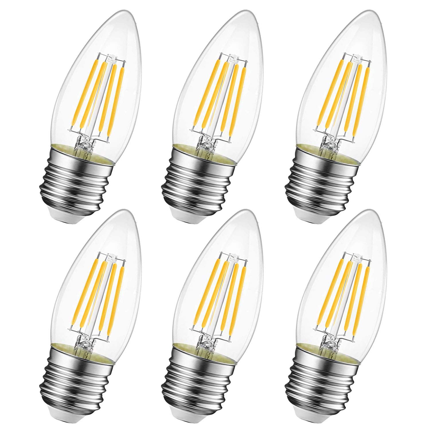 Kusovcy E27 Candle Bulb, 4W Dimmable LED Filament Light Bulbs, C35 Small Edison Screw 400LM Vintage Bulbs for 40W Halogen Bulb Replacement (6-Pack)