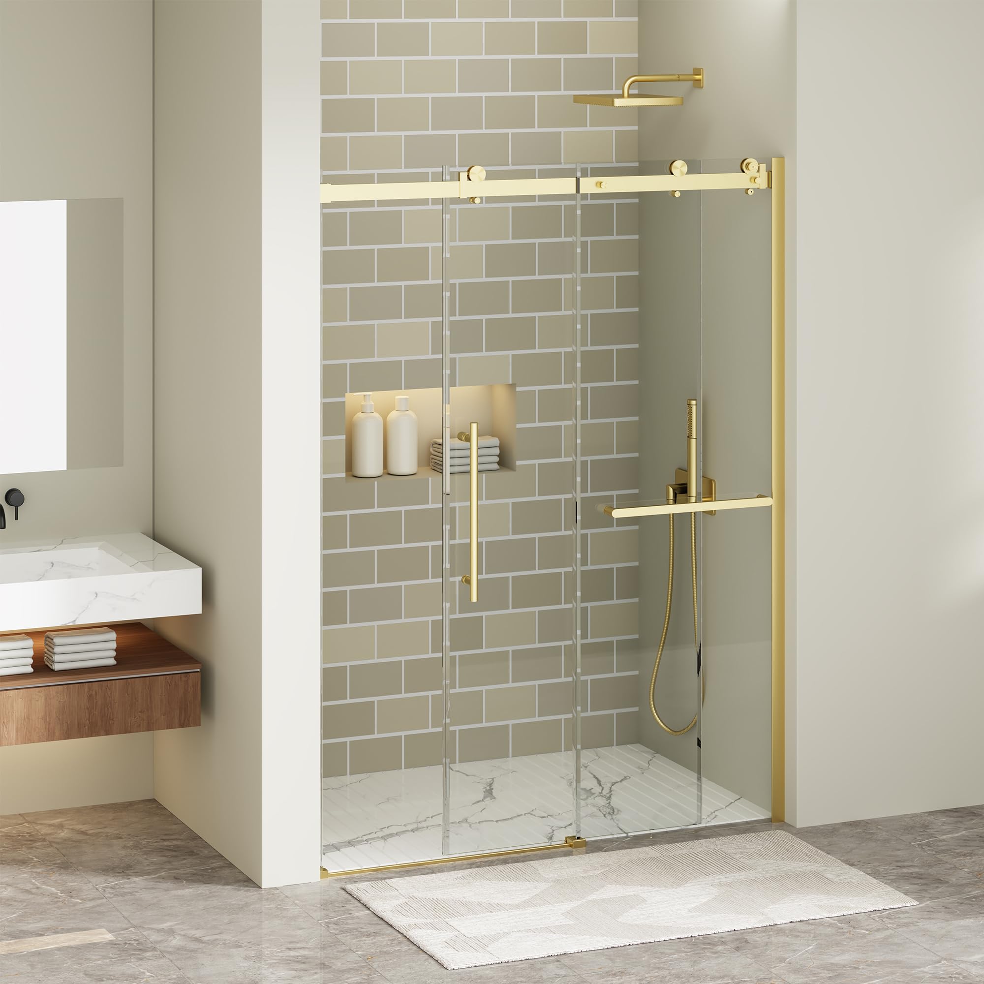 Photo 1 of Findepot 56-60" W x 75" H Frameless Sliding Shower Door, Shower Glass Door with 1/4" Thick Tempered Glass, Explosion-Proof Film, Easy to Clean, Brushed Gold (factory sealed)