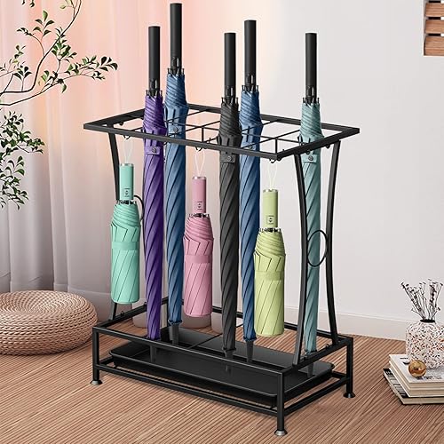 Miniatura 7 de YOCOMEY Soporte de paraguas de metal con bandeja de goteo extraíble, organizador industrial independiente para entrada, hogar, oficina, patio,