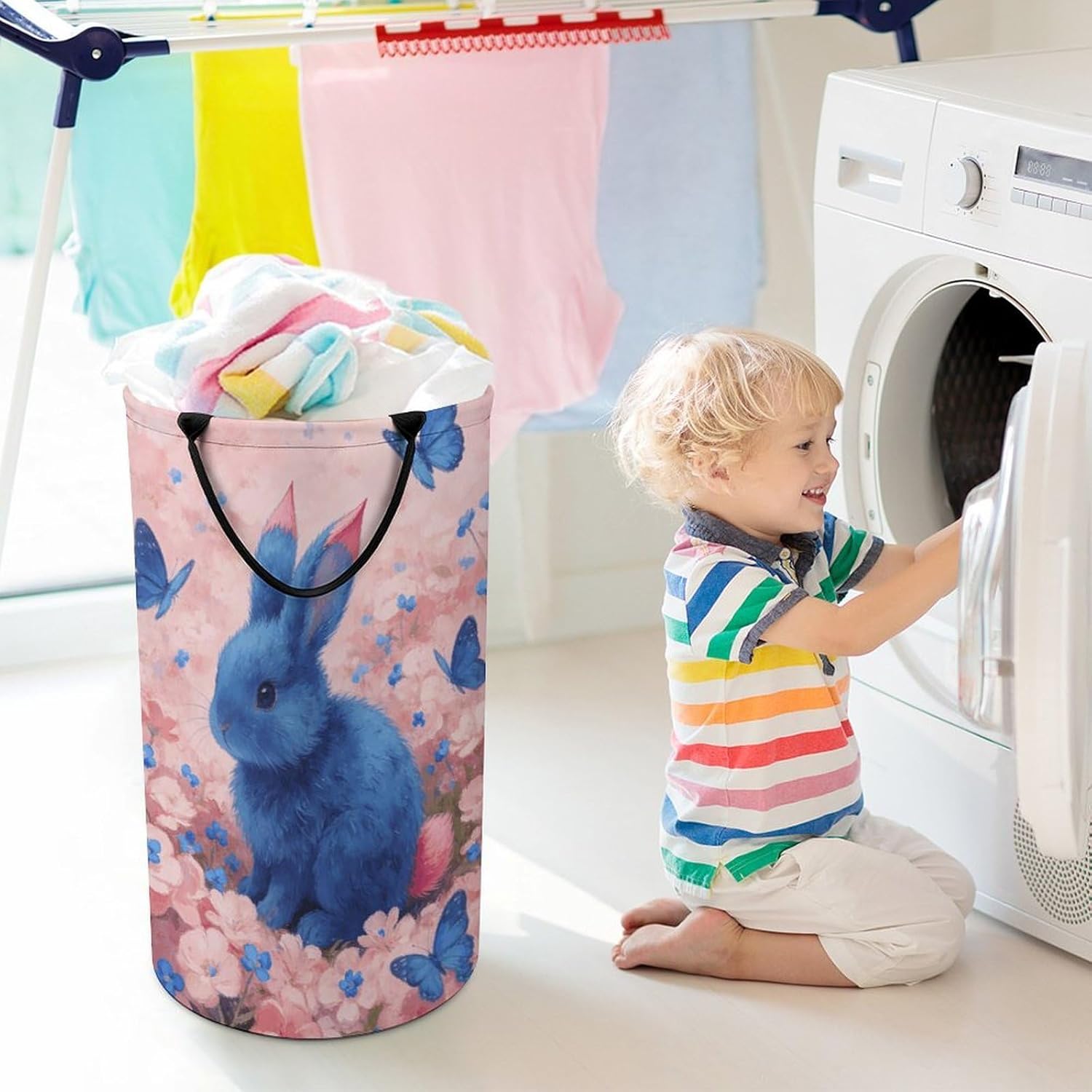 Royalblue Pink Laundry Hamper with Handles Waterproof Collapsible Laundry Basket Large Lightweight Round Dirty Clothes Hamper for Home Dorm Bathroom Decor