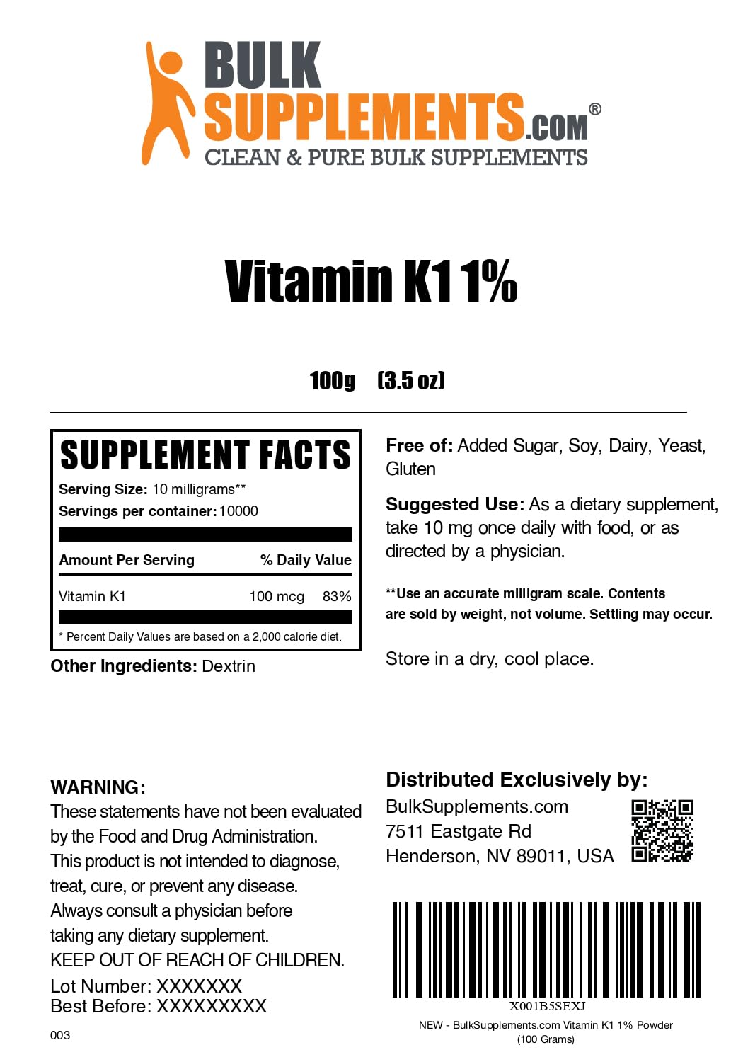 BulkSupplements.com Vitamin K1 Powder - Vitamin K1 Supplement for Bone and Heart Health Support - Gluten Free, 10mg per Serving, 100g (3.5 oz) (Pack of 1) — Amazon image 6