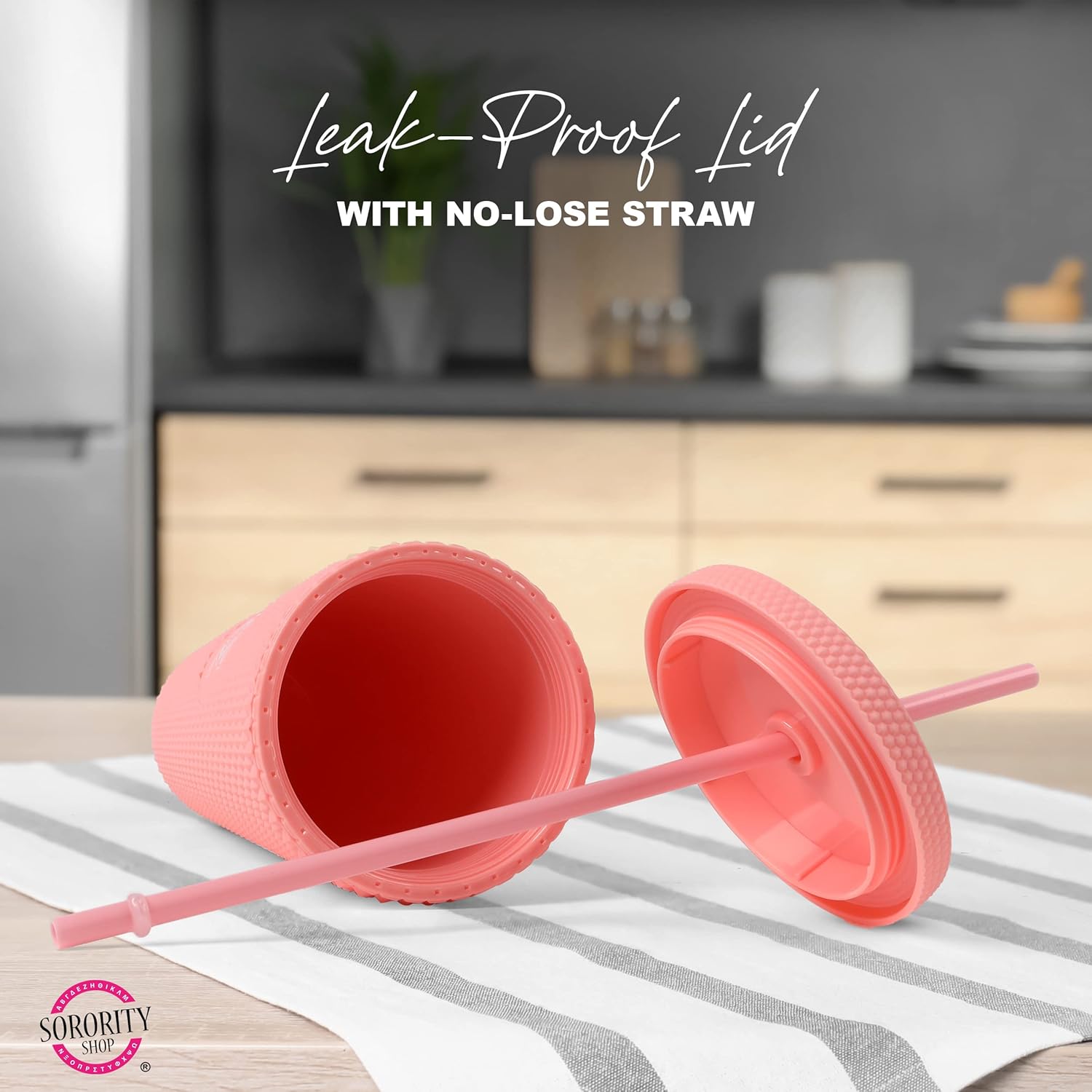 Sorority Shop Phi Sigma Sigma Studded Tumbler with Straw - 24 Oz Tumbler with Lid and Straw, Matte Coral, Reusable Plastic Cup with Screen Printed Greek Letters for Water, Ice Coffee or Any Drink - Image 3