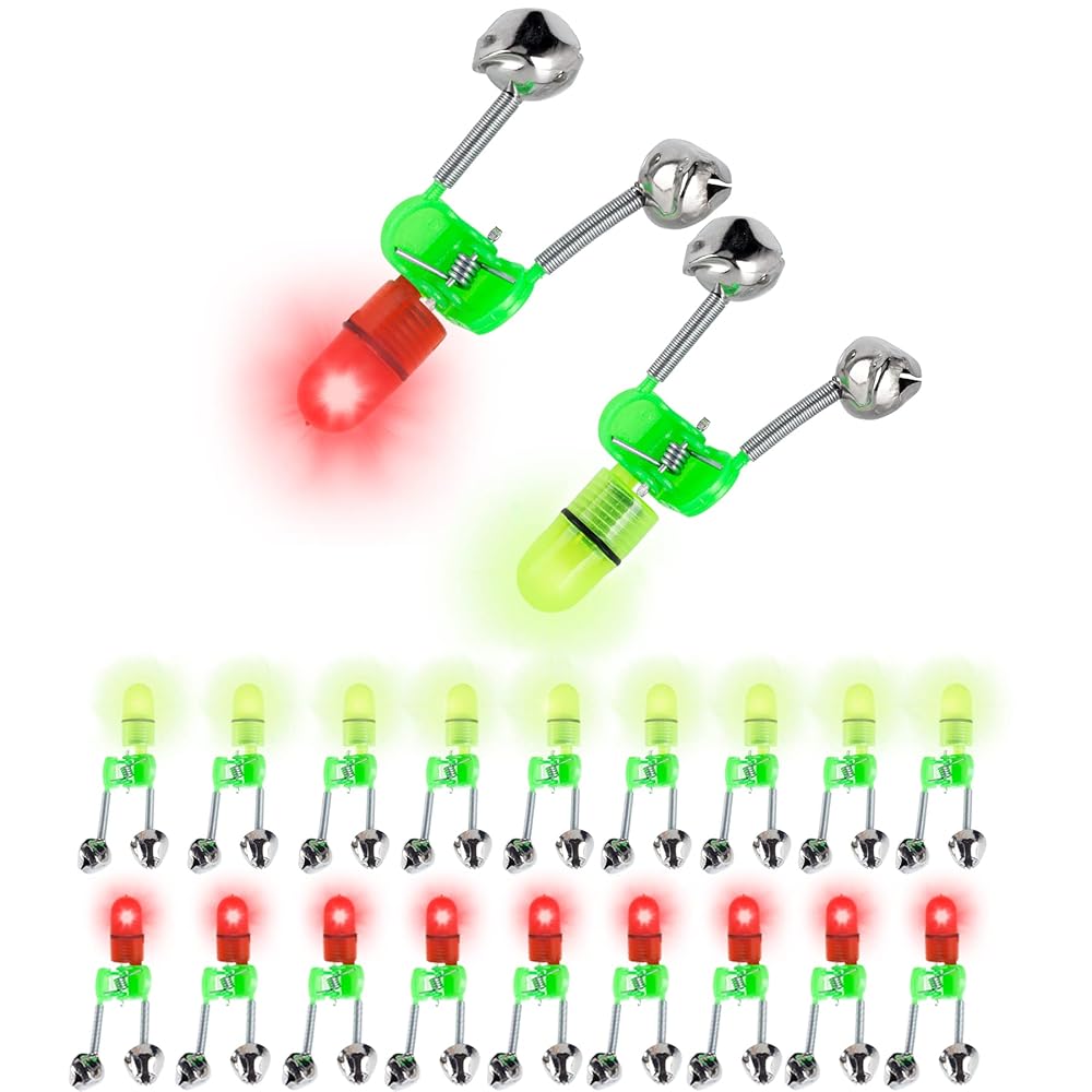 OHOH 20Pcs LED Night Fishing Rod Bite Bait Alarm Light with Twin Bells Ring Fishing Bite Alarm Indicator (10 Red Lights, 10 Green Lights)