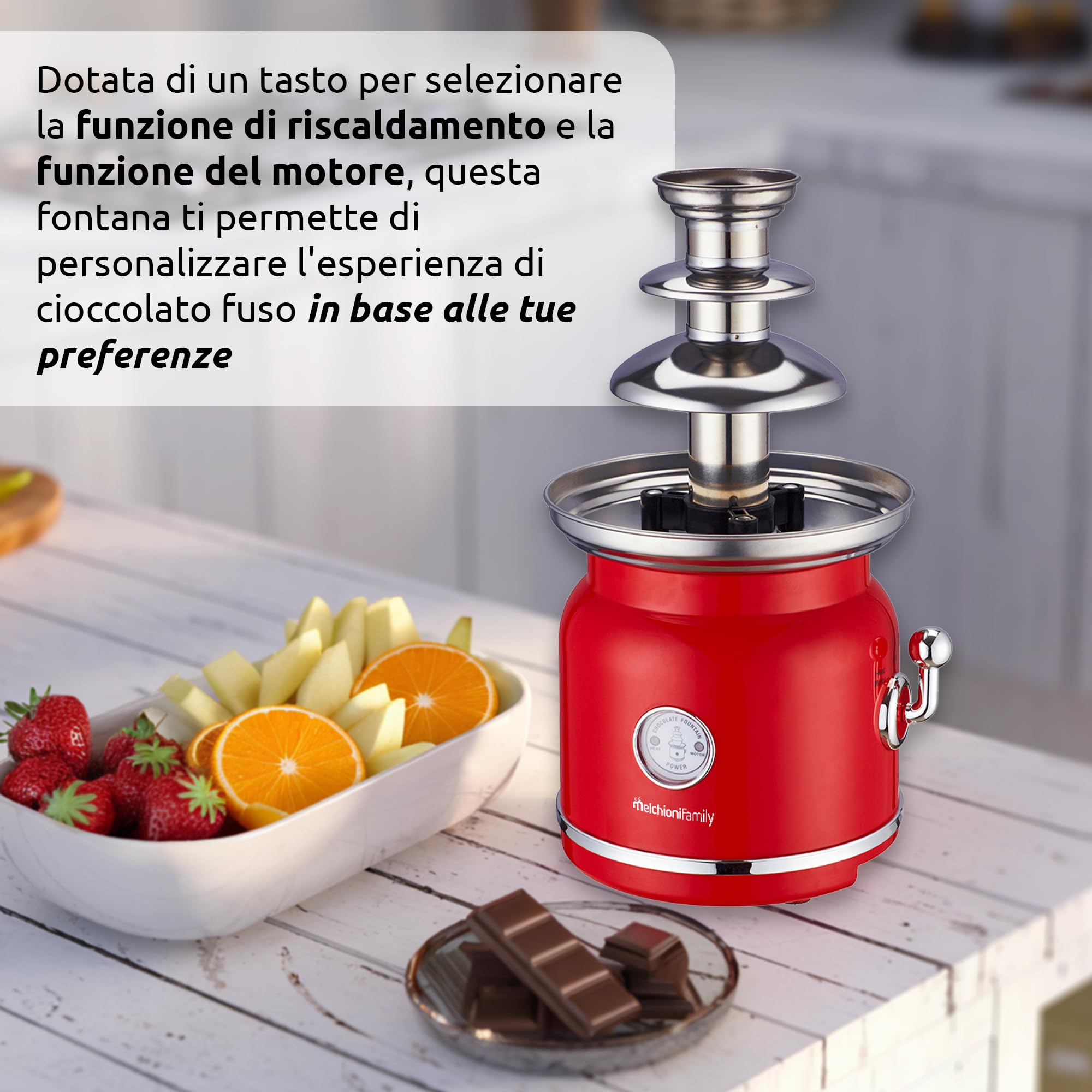 Melchioni Family Schokoladenbrunnen CHOCO mit 3 Stufen, mit Heizfunktion und Motorfunktion, 90 W, Rot