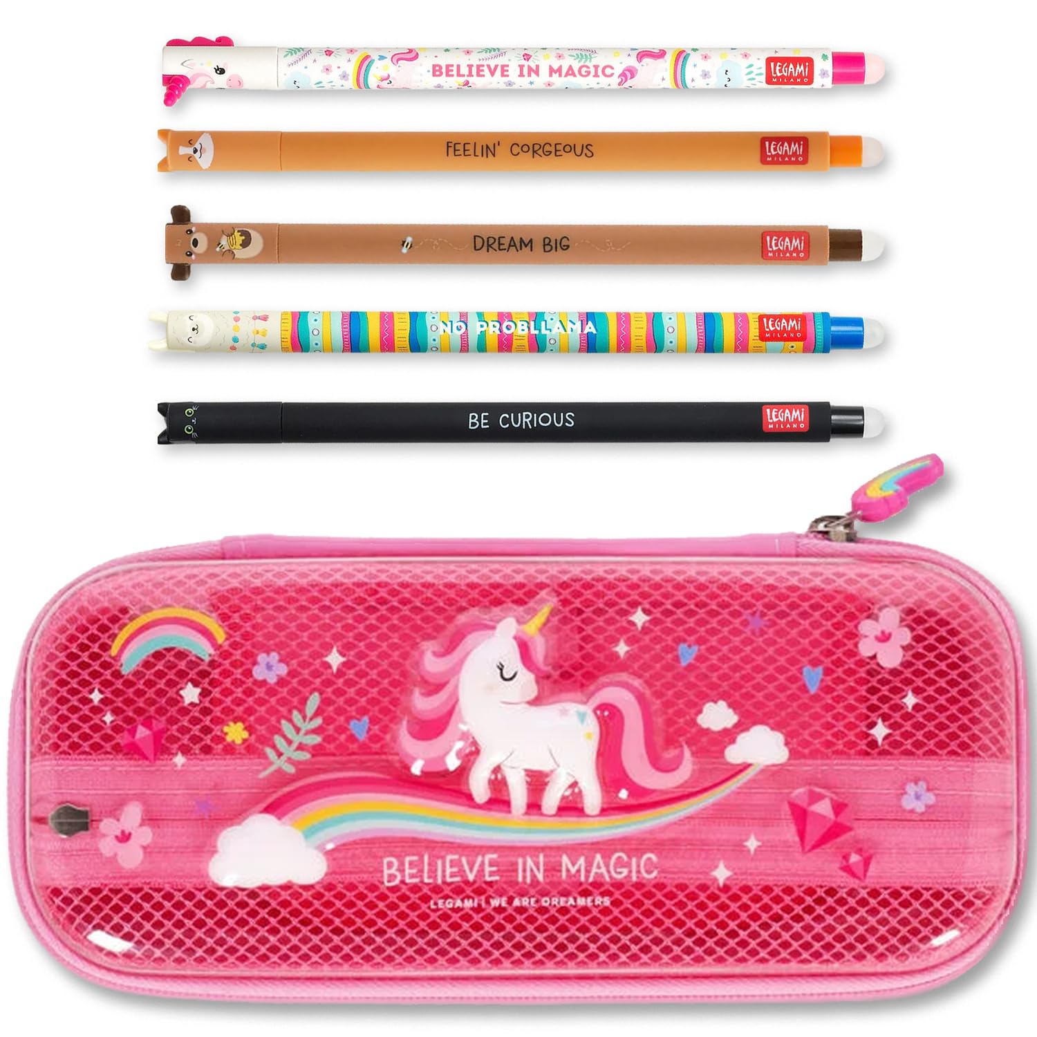 LEGAMI Trousse et Stylo effaçable WonderWow | Lot de 5 stylos Animaux Mignons à Encre thermosensible + Trousse à 2 Compartiments (Licorne)