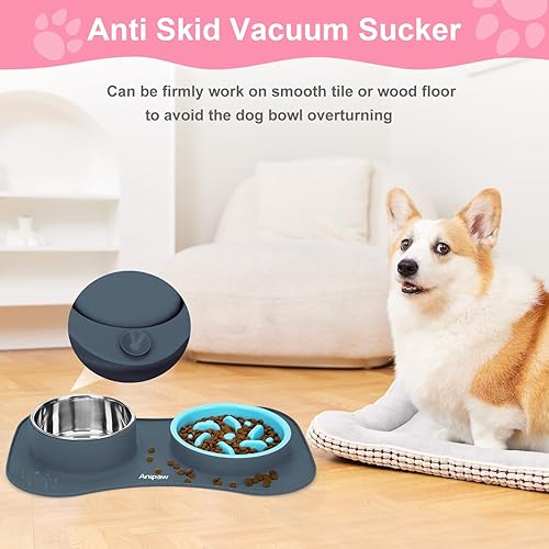 Miniatura 9 de Cuencos de alimentación lenta 3 en 1 de acero inoxidable para perros y agua con alfombrilla de silicona antideslizante antiderrames para reducir la