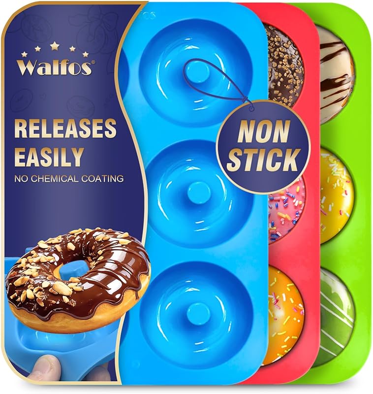 Walfos Non-Stick Donut Pan For Baking-Silicone Doughnut Mold, BPA FREE, Make Perfect Donut Cake Biscuit Bagels,Dishwasher Safe, Set of 3