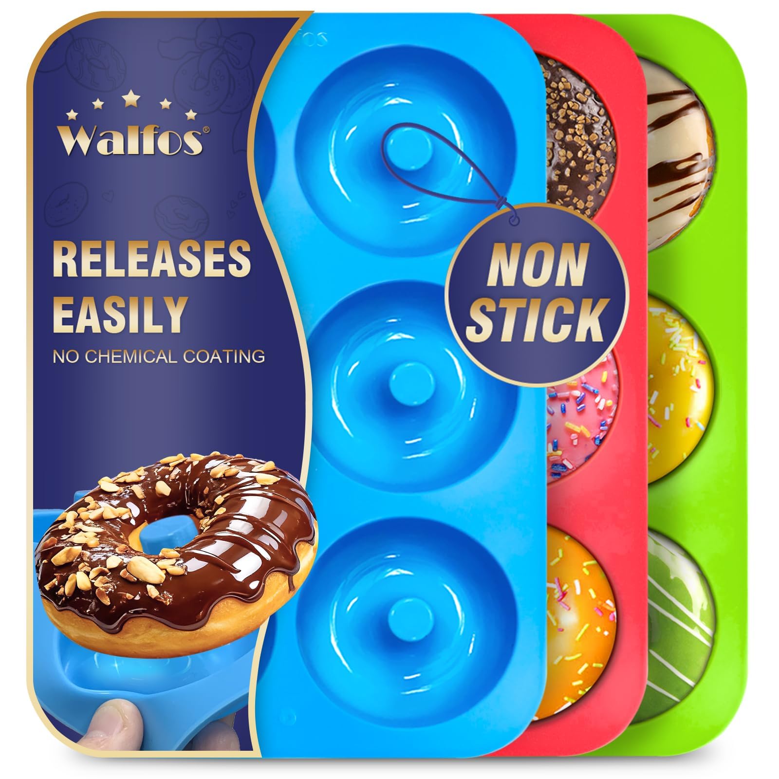 Walfos Antihaftbeschichtete Donutform zum Backen, Silikon-Donut-Form, BPA-frei, perfekte Donut-Kuchen, Kekse, Bagels, spülmaschinenfest, 3er-Set