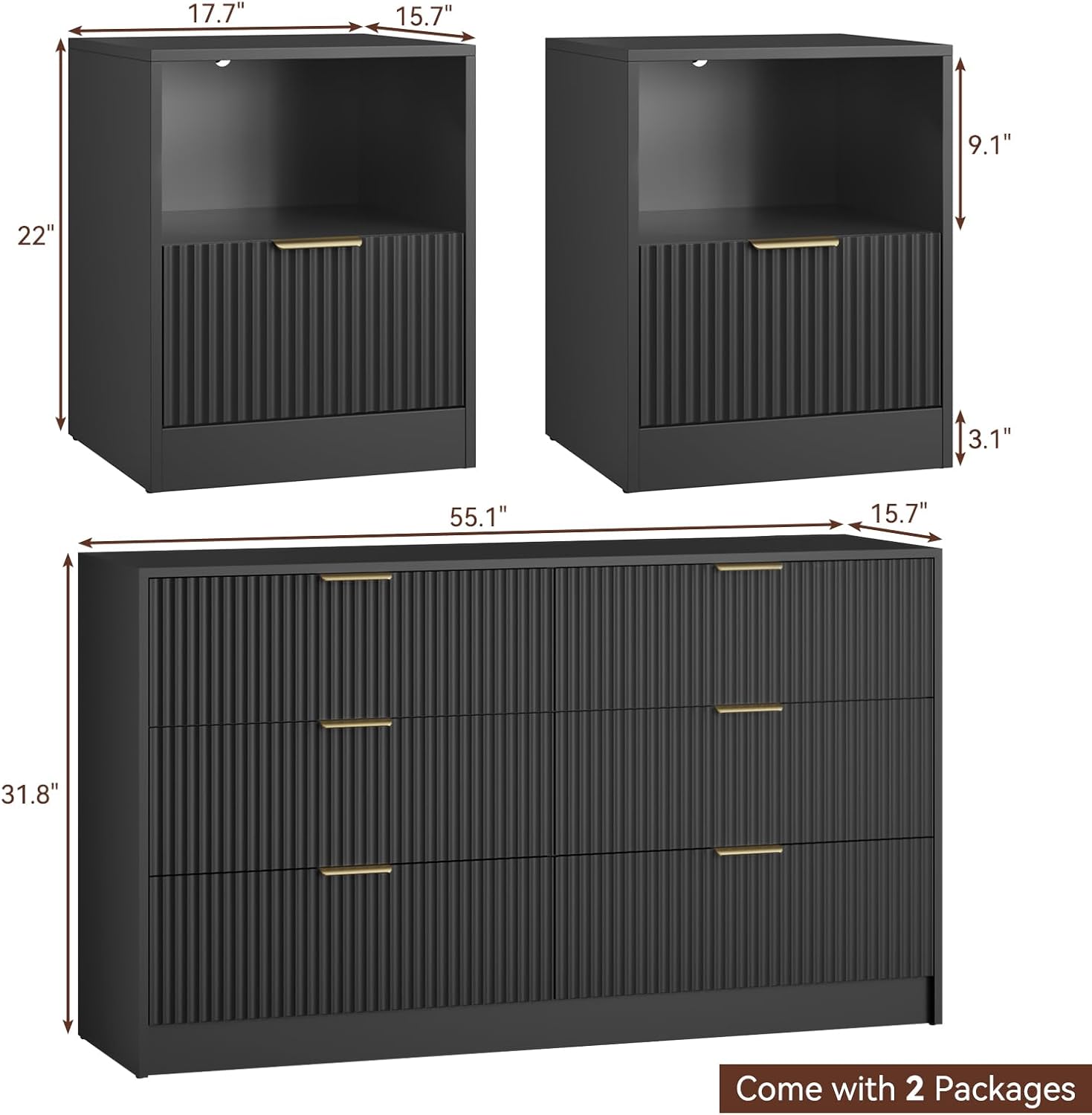 Diagram showing dimensions of the 6-drawer dresser and two nightstands
