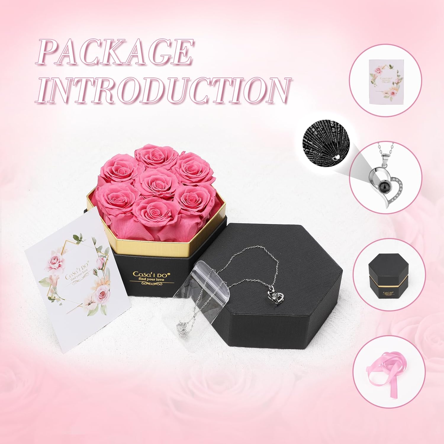 Preserved Roses Flowers for Delivery 7 Pcs, Vanlentines Day Gifts for Her, Forever Flores in Heart Box with Necklace, Anniversary Birthday Christmas Rose Gift for Women Wife Girlfriend, Pink - Image 3