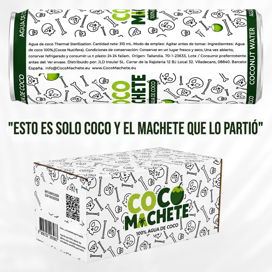 Coco Machete® Agua de Coco Natural 100% | Pack 24 Latas x 310 ml | Agua Coco Sin Azúcares Añadidos ni Conservantes | Hidratación Natural | Bebida de Coco Refrescante