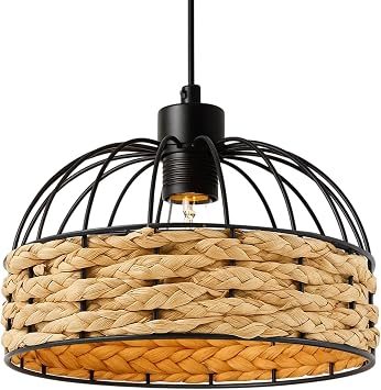 Large Metal Light Shade Modern Retro Boho Rattan Style Weave Jute Rope Lampshade, Black Frame for Living Room Bedroom Kitchen Ceiling Lights Black, 25cm