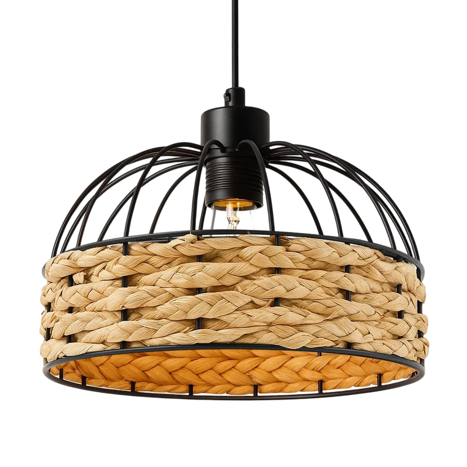 Large Metal Light Shade Modern Retro Boho Rattan Style Weave Jute Rope Lampshade, Black Frame for Living Room Bedroom Kitchen Ceiling Lights (Black, 30cm)