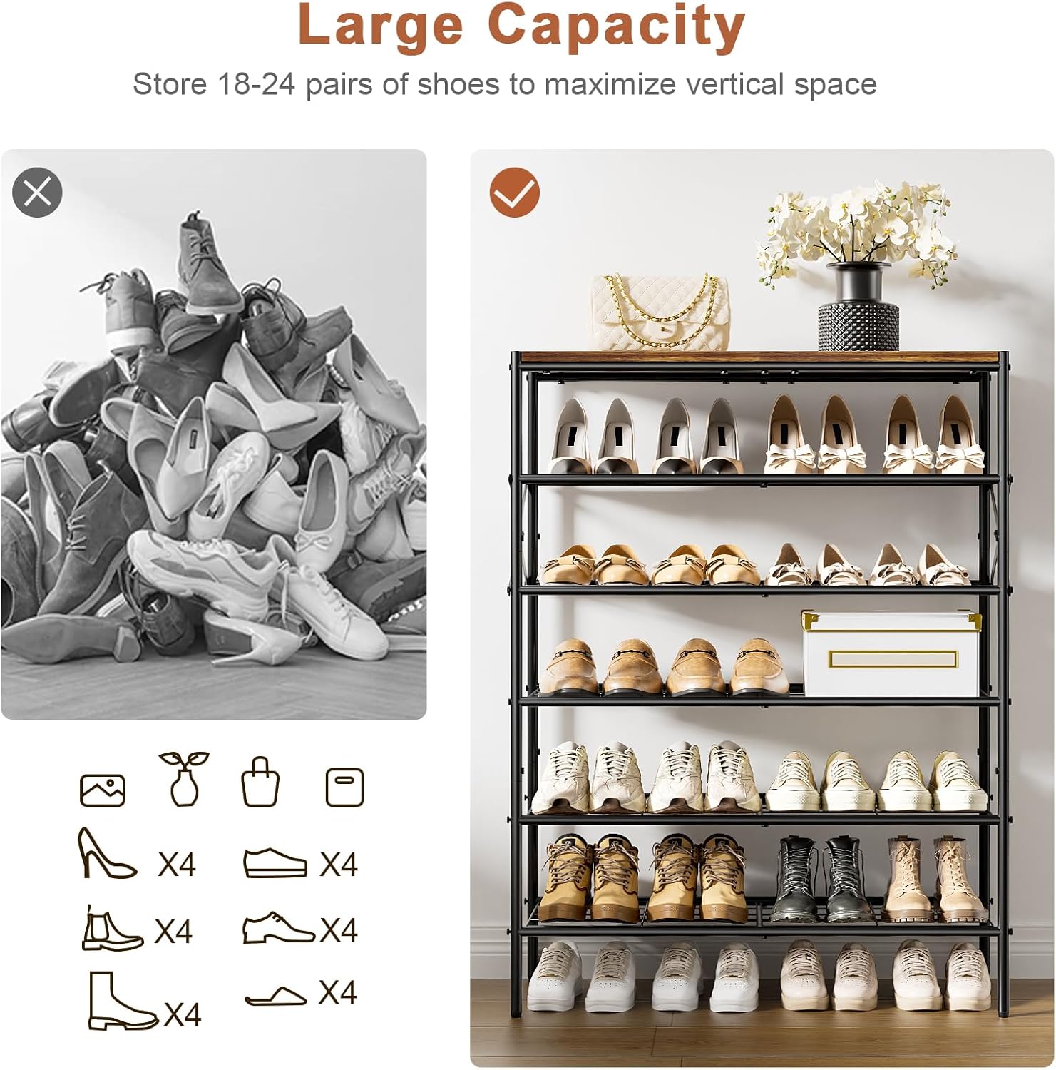 Diagram illustrating the large capacity of the shoe rack, showing how it can store 18-24 pairs of shoes and comparing it to a disorganized pile of shoes.