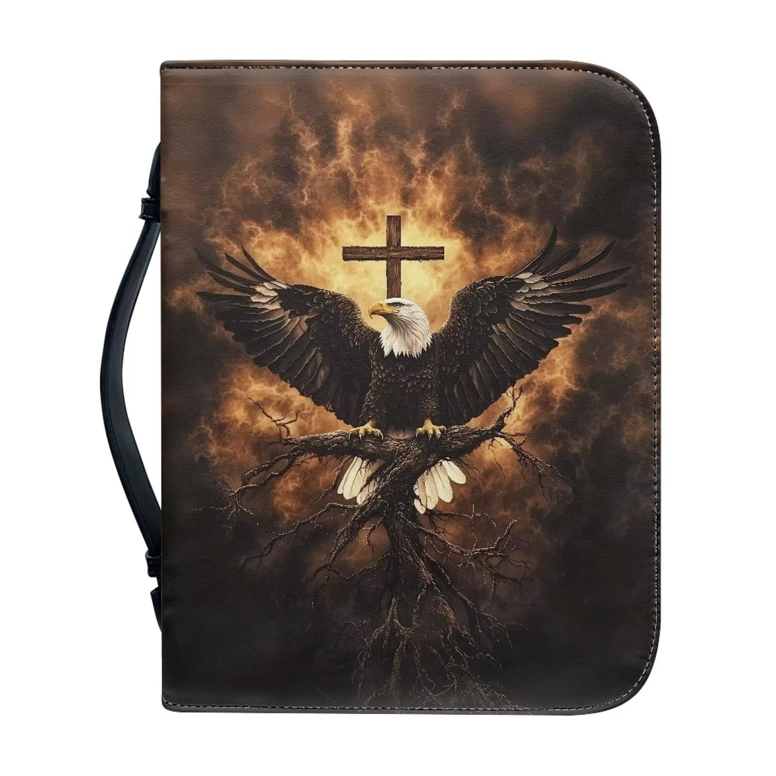 Kuiaobaty Portable Church Bible Case for Mens with Inside Pen Pockets, Waterproof PU Leather, Bald Eagle Cross Book Cover for Novel, Notebook with Handle