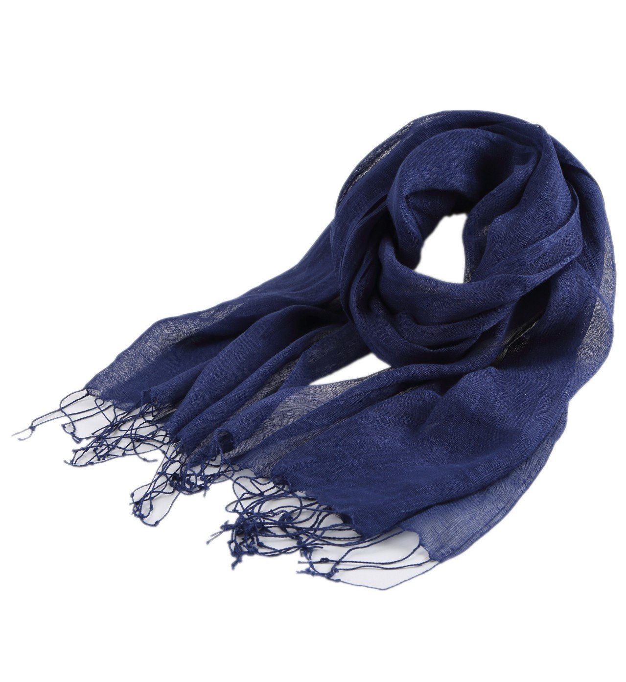 Prettystern uni Colour plain fringes 100% linen Cool Casual spring summer scarf - T27 dark blue