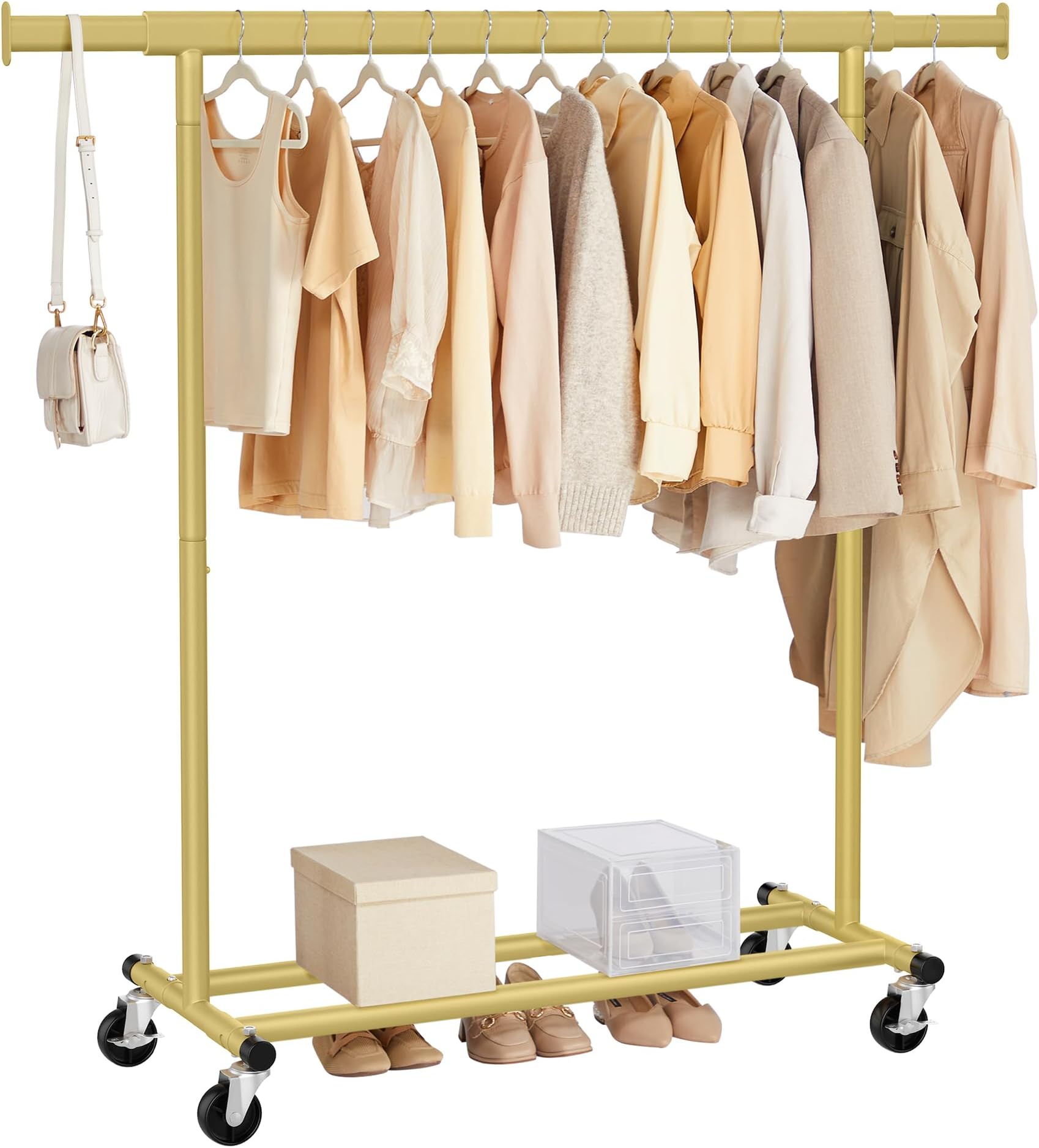 SONGMICS Clothes Rack on Wheels, Heavy Duty Clothes Rail, 45 x (92-132) x 161.5 cm, with Extendable Hanging Rail, 100 kg Load Capacity, Easy Assembly, Portable, Pale Gold HSR013A01