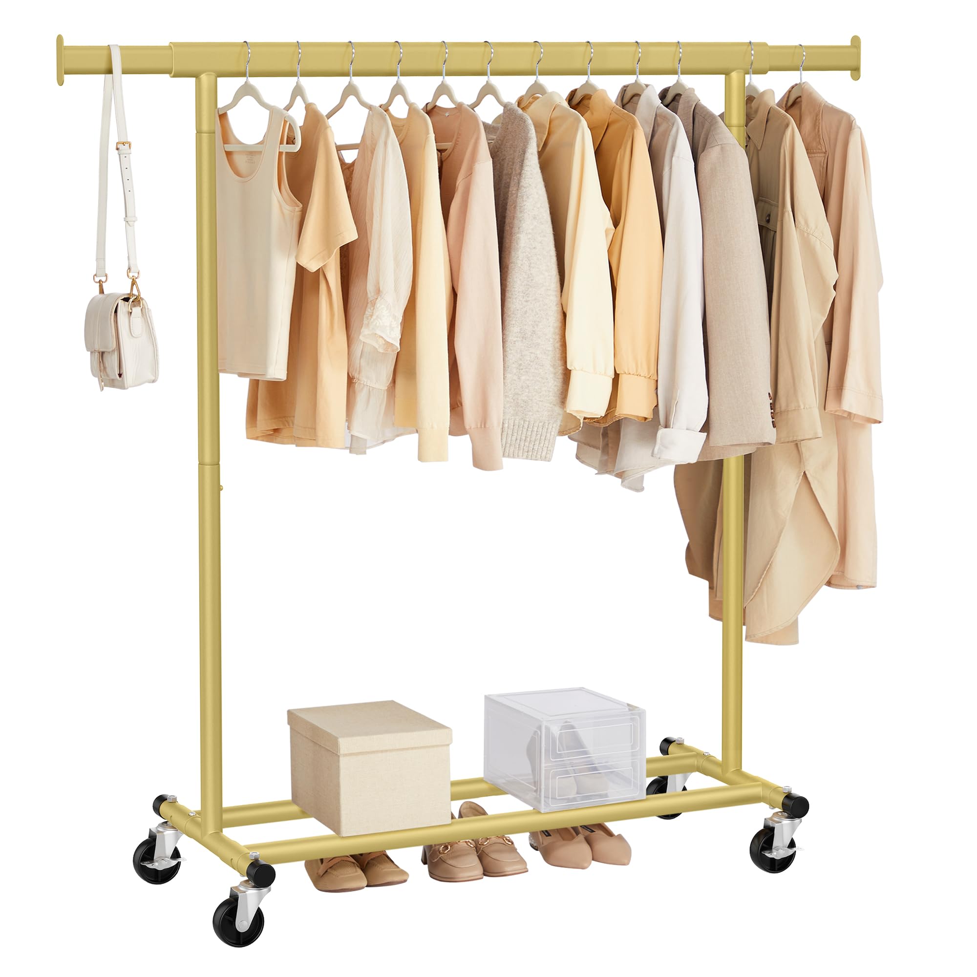SONGMICS Clothes Rack on Wheels, Heavy Duty Clothes Rail, 45 x (92-132) x 161.5 cm, with Extendable Hanging Rail, 100 kg Load Capacity, Easy Assembly, Portable, Pale Gold HSR013A01