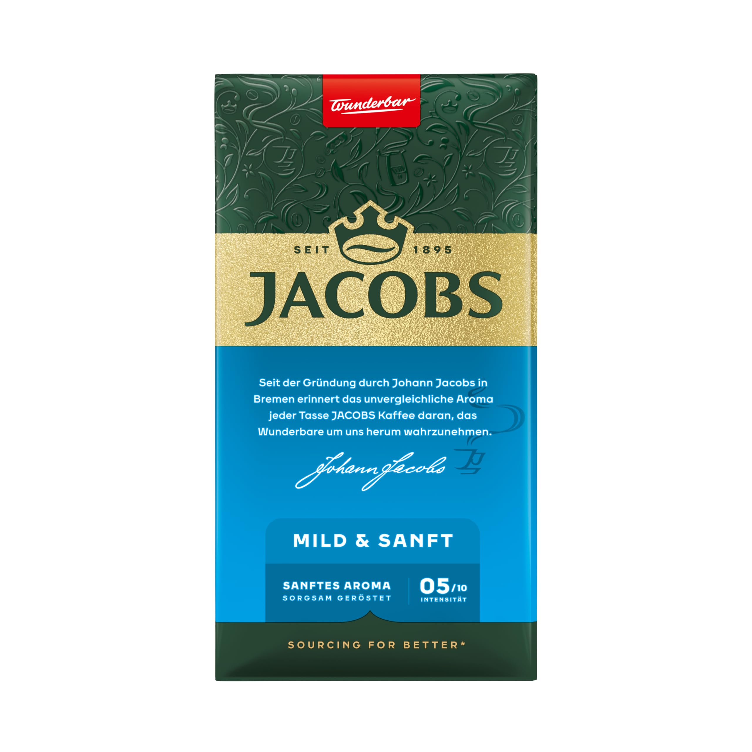 Jacobs Filterkaffee Auslese Mild & Sanft, helle Röstung, Kaffee gemahlen, geröstet in Deutschland, ideal für Filterkaffeemaschine & French Press, Intensität 5/10, 500 g