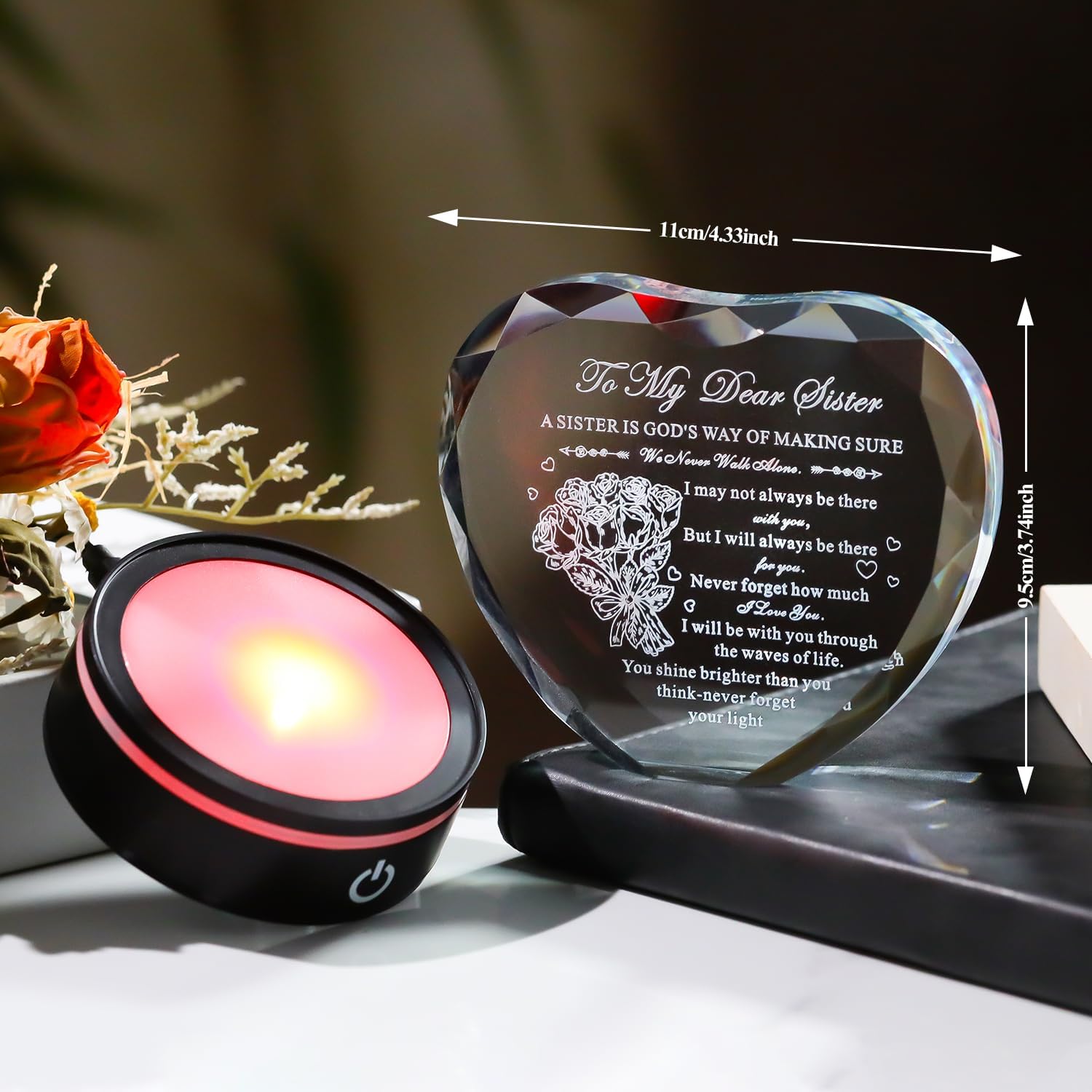 BLUEBOOK Sister Christmas Gifts from Sisters, Heart-shaped Crystal Plaque with Multicolor LED Base, Unique Birthday gift, Glass Laser Engraving, Sisterhood Keepsake Gift - Image 3