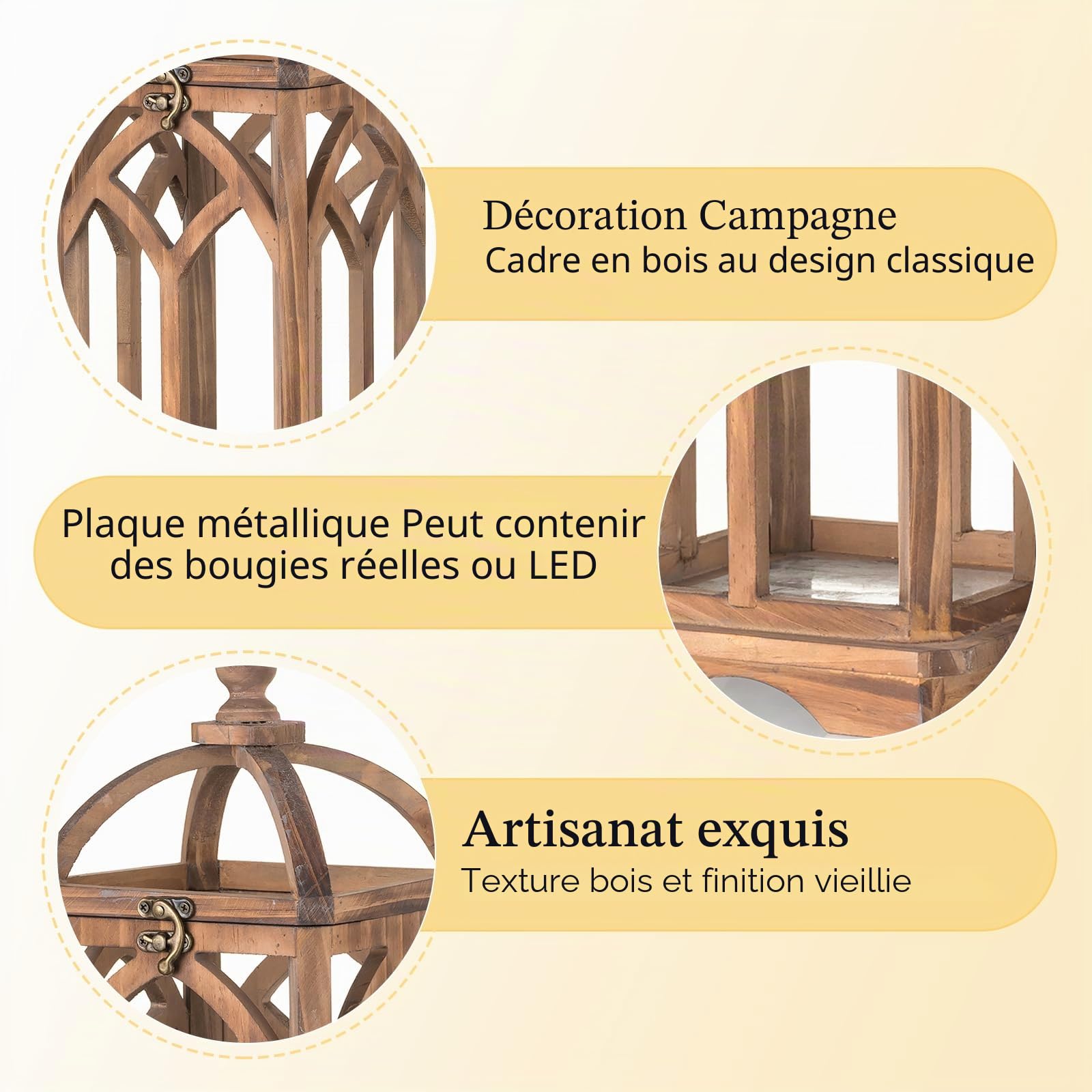 Romadedi Lot de 2 lanternes en Bois Marron à Toit Arrondi, 30/40 cm | Deux tailles pour bougies cylindriques, décoration de table, maison, mariage, jardin et extérieur couvert