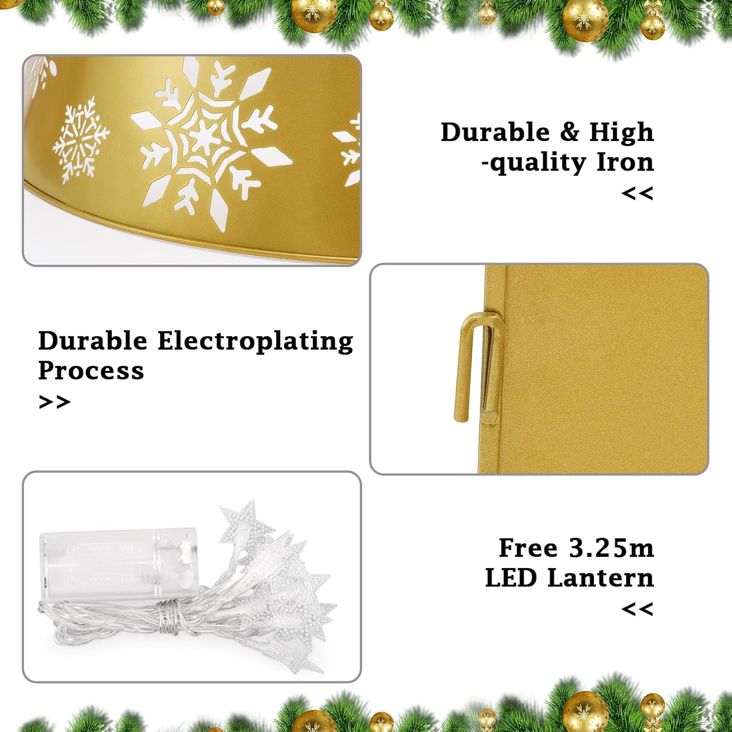 Metal Christmas Tree Collar, 3D Hollow Snowflake Pattern Christmas Tree Skirt with Star-Shaped LED String Lights, 29 Inch Diameter Decorative Xmas Tree Ring Stand Base Cover, Gold