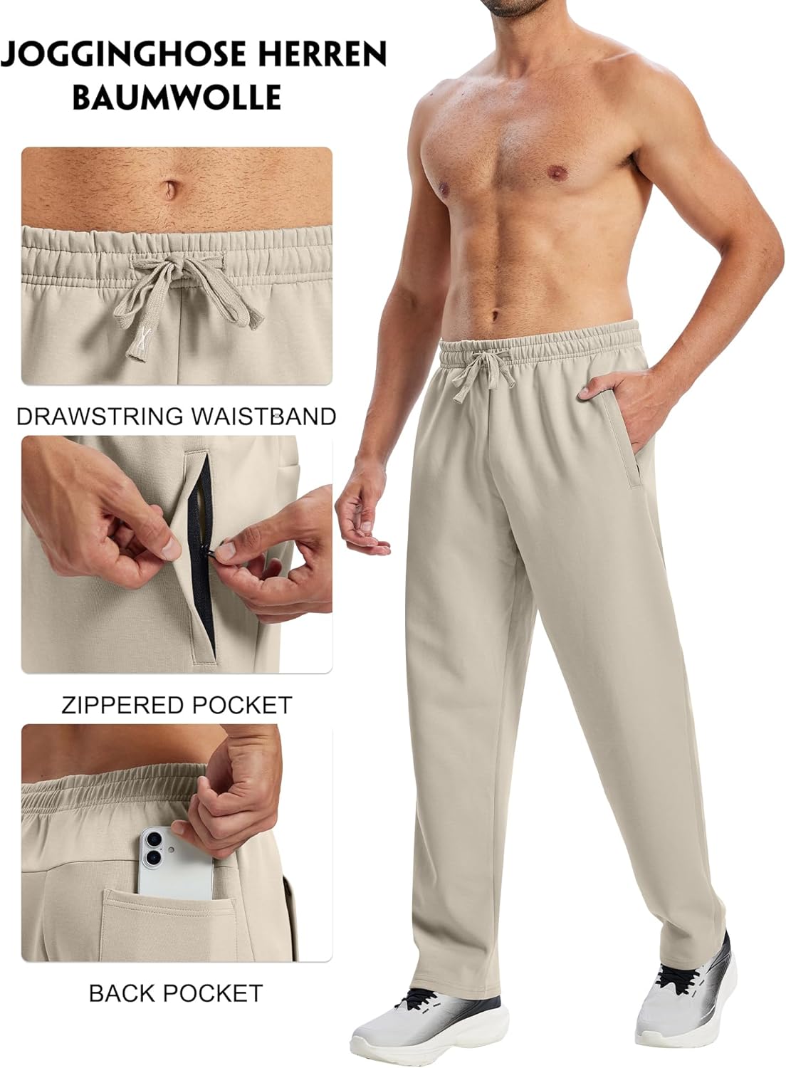 HIBETY Men's Cotton Yoga Sweatpants Open Bottom Athletic Lounge Pants Straight Leg Casual Pants for Men with Zipper Pockets