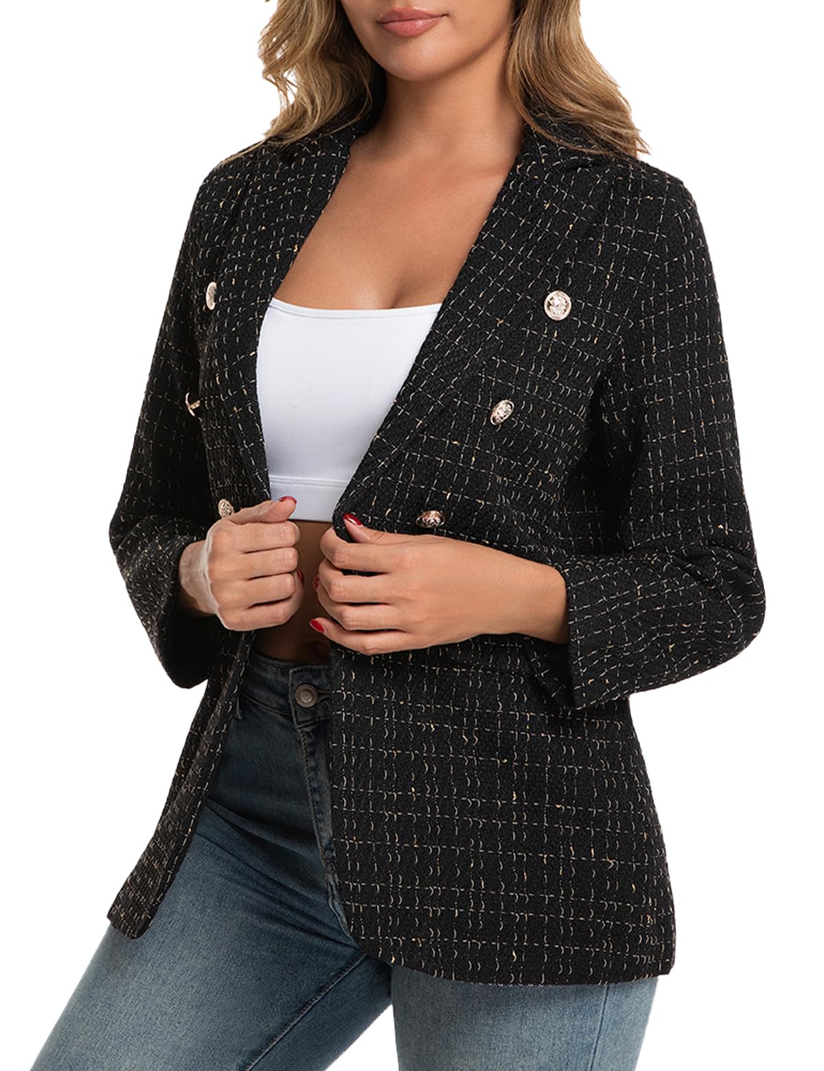 Blazers for Women Business Casual Tweed Plaid Linen Blazer Jacket