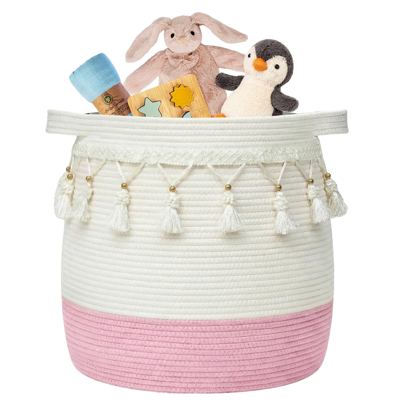 Großer gewebter Aufbewahrungskorb, Spielzeug-Aufbewahrungskorb, Baumwollseilkorb, Wäsche- und Decken-Organizer, gewebter Wäschekorb für Wohnzimmer, Schlafzimmer, Kinderzimmer, D45 x H43 cm - Rosa +