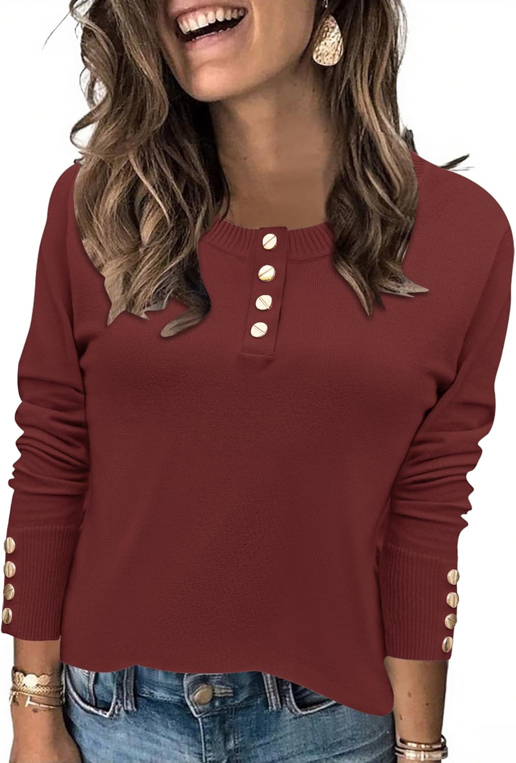 Rapbin Women Fall Tops 2025 Long Sleeve Blouses for Women 2025 Fashion Spring Red Buttons Pullover Knit Tops S