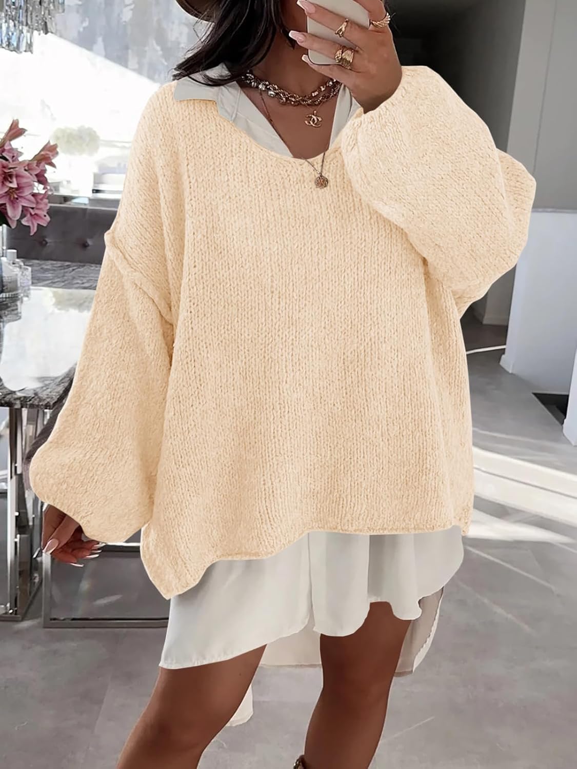 Saodimallsu Womens Oversized V Neck Sweaters Chunky Knit Lantern Long Sleeve Fall Winter Slouchy Tunic Sweater Tops - Image 2