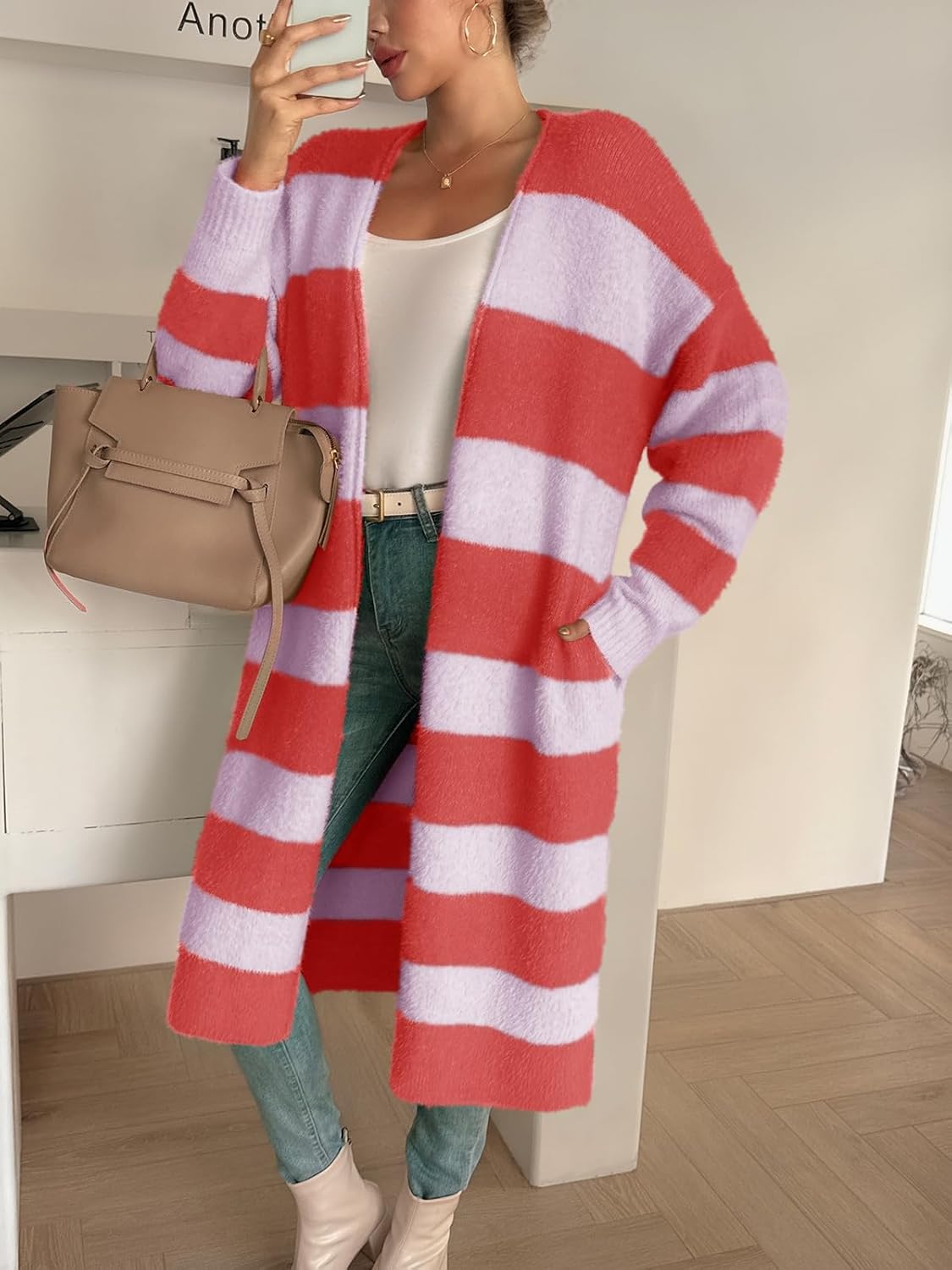 Saodimallsu Womens Striped Long Cardigan Sweaters Open Front Oversized Chunky Fuzzy Knit Fall Duster Sweater Coats - Image 4