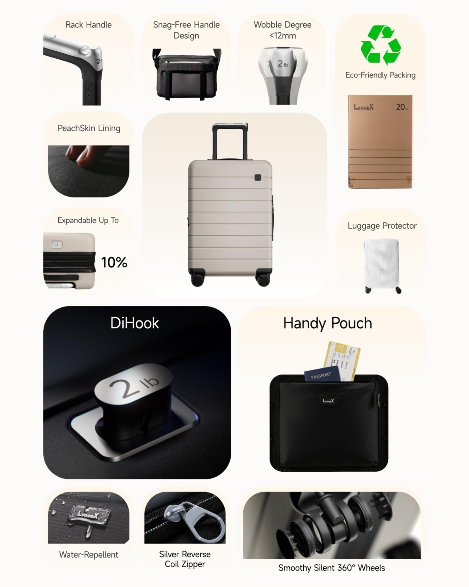 LUGGEX Carry On Luggage HUP3, Hardshell Suitcase with DiHook, Handy Pouch, 20 inch Expandable Suitcases Airline Approved TSA Lock, with Spinner Wheels (HX-Core)