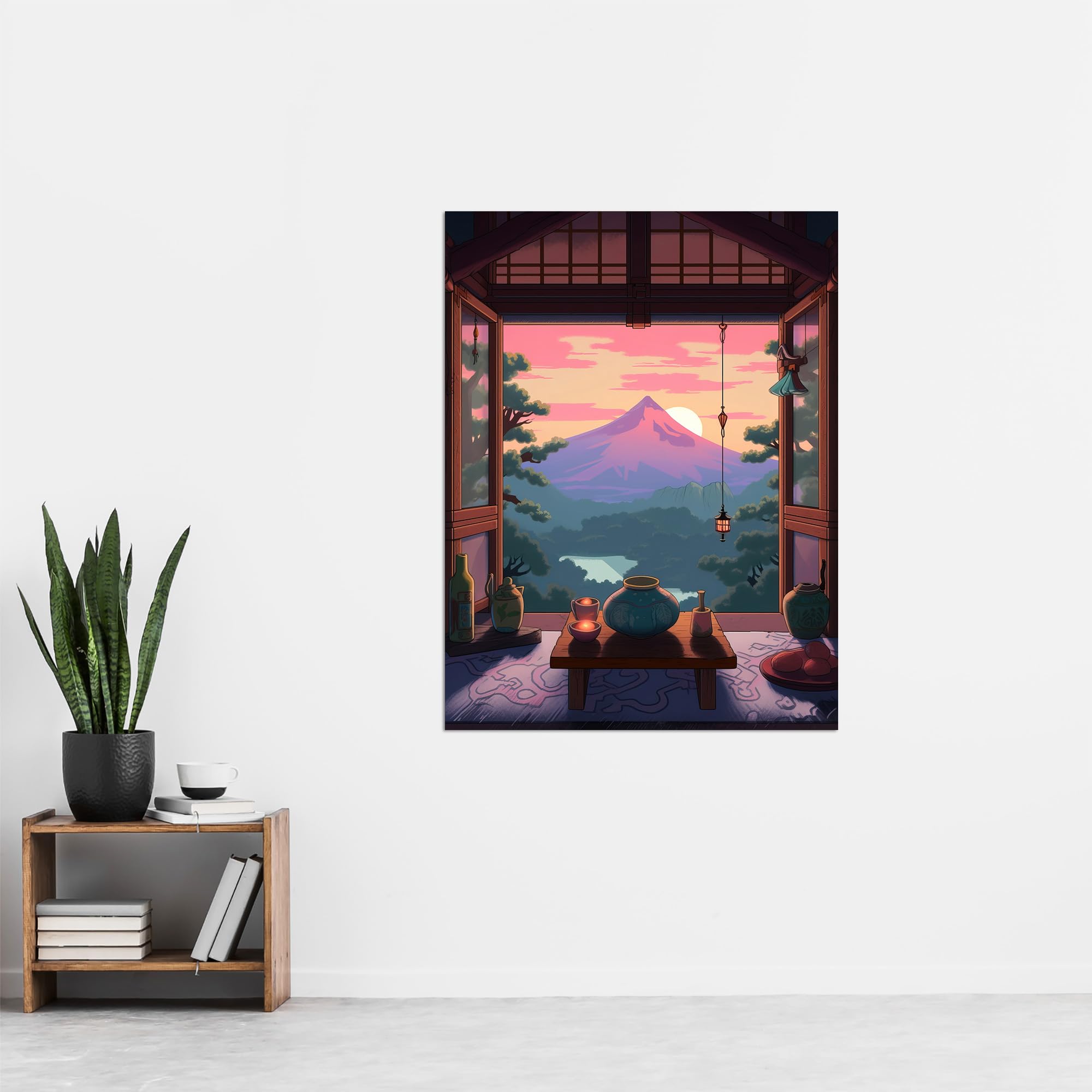 Artery8 Mount Fuji View from House Patio Colourful Painting Traditional Tea Ceremony Japanese Hospitality Sunset Mountain Landscape Extra Large XL Wall Art Poster Print - Image 4