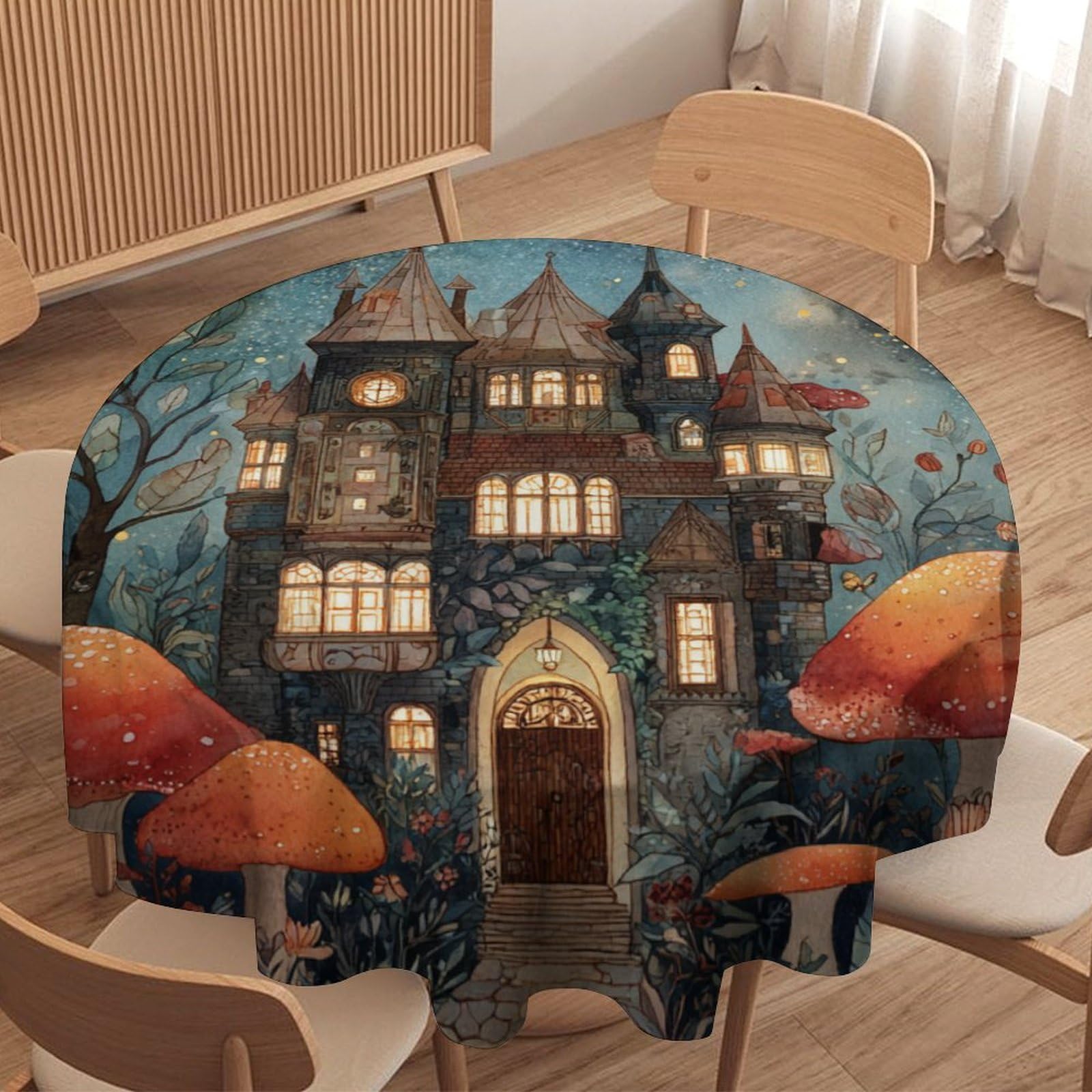 LUYYSKY Fantasy Anime Enchanted Forest Round Tablecloth Romantic Classic Galaxy Fairy House Plant Mushroom Animal Butterfly Washable Decor for Table Cover for Kitchen-152.4" Wx152.4 L cm