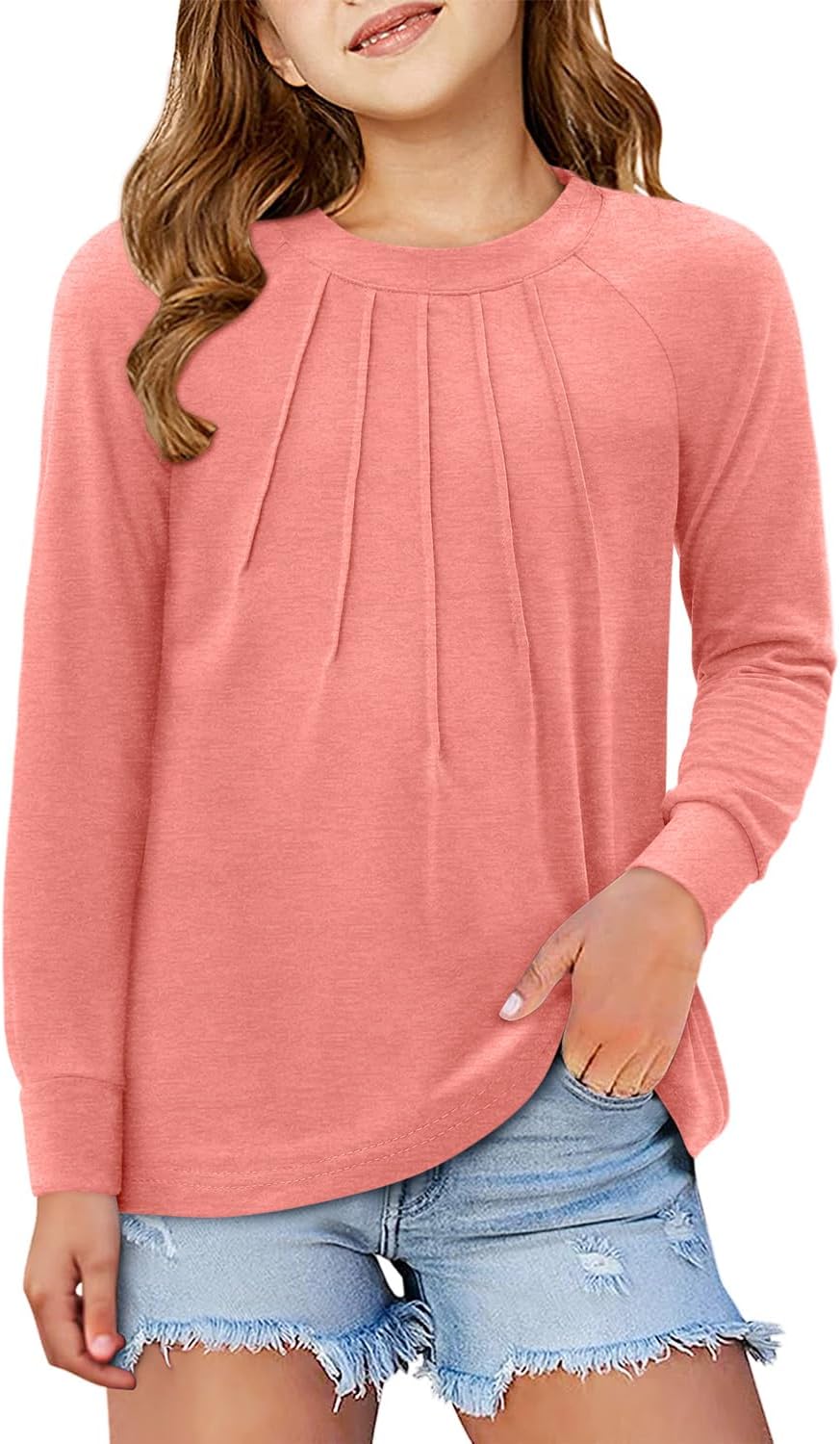 storeofbaby Girls Long Sleeve Shirts Casual Front Pleats Tops Round Neck Blouses 4-14 Years