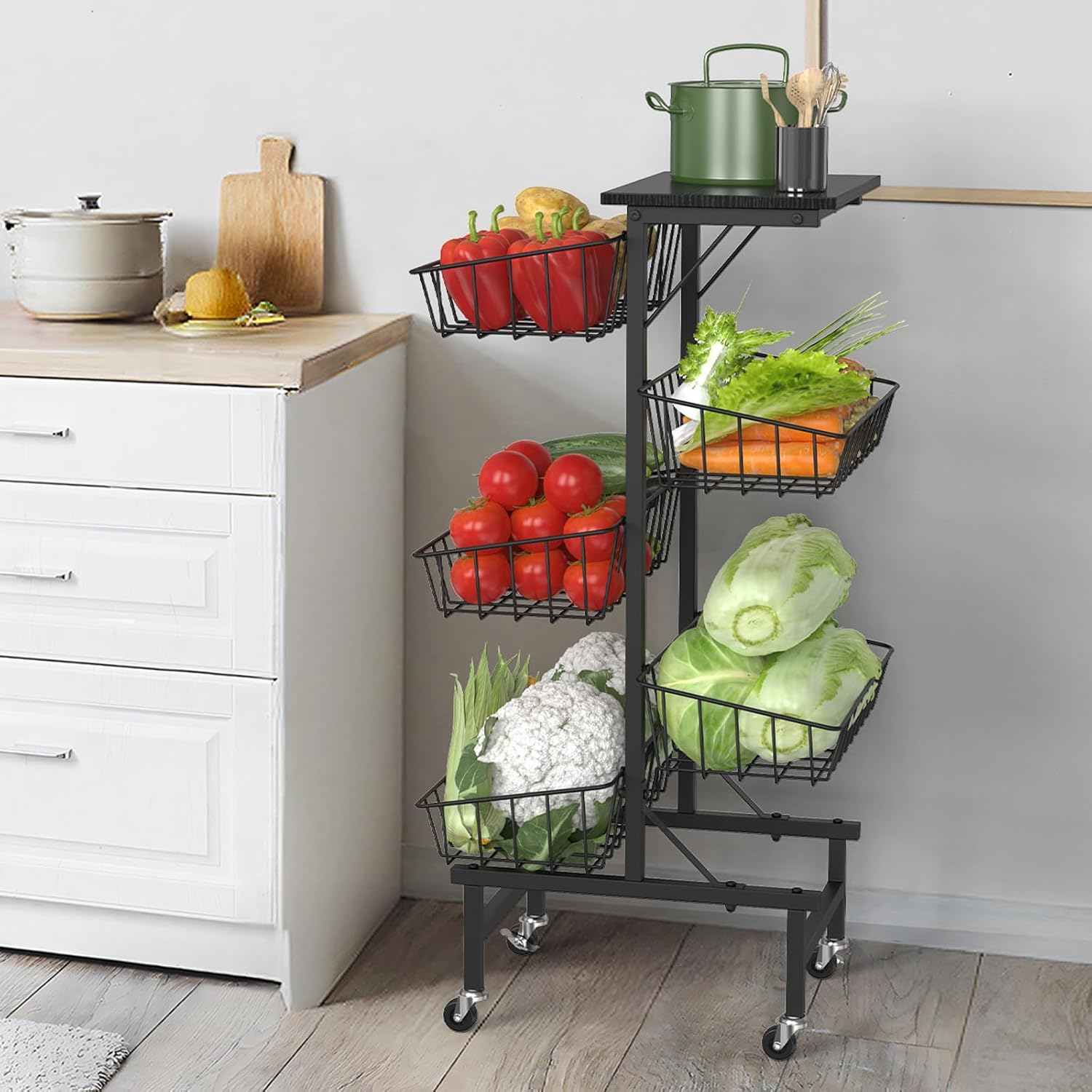 PEALOV Panier De Fruits Et Legumes Rotatif,Support De Rangement Rond De Cuisine, Support De Stockage De Fruits Rotatif, Chariot De Rangement pour Cuisine avec 4 Roues,éTagèRe à Fruits Debout