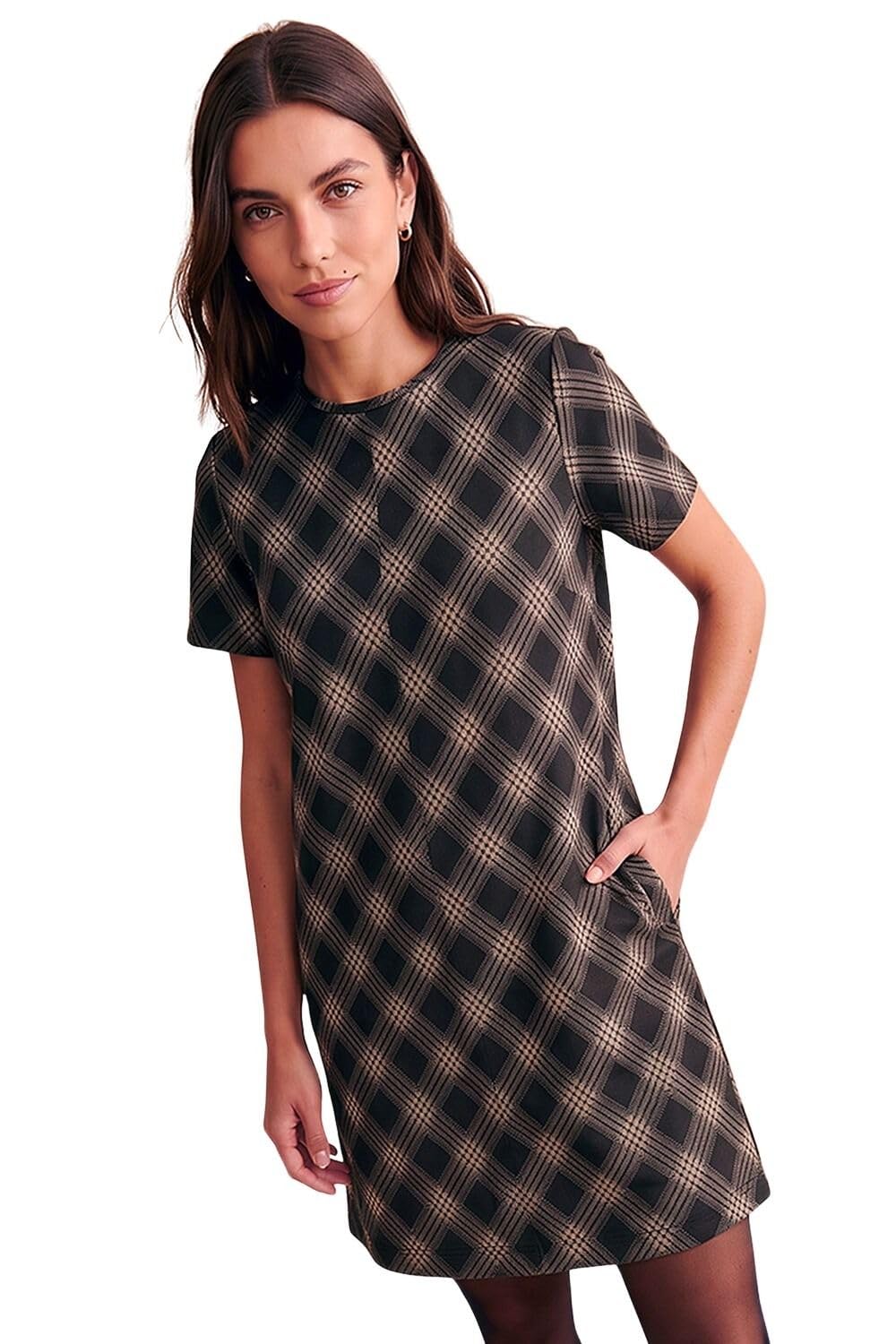 Roman Originals Check Print T-Shirt Stretch Dress for Women UK - Ladies Everyday Autumn Winter Round Neckline Comfy Soft Evening Vacation Work Party Night Out