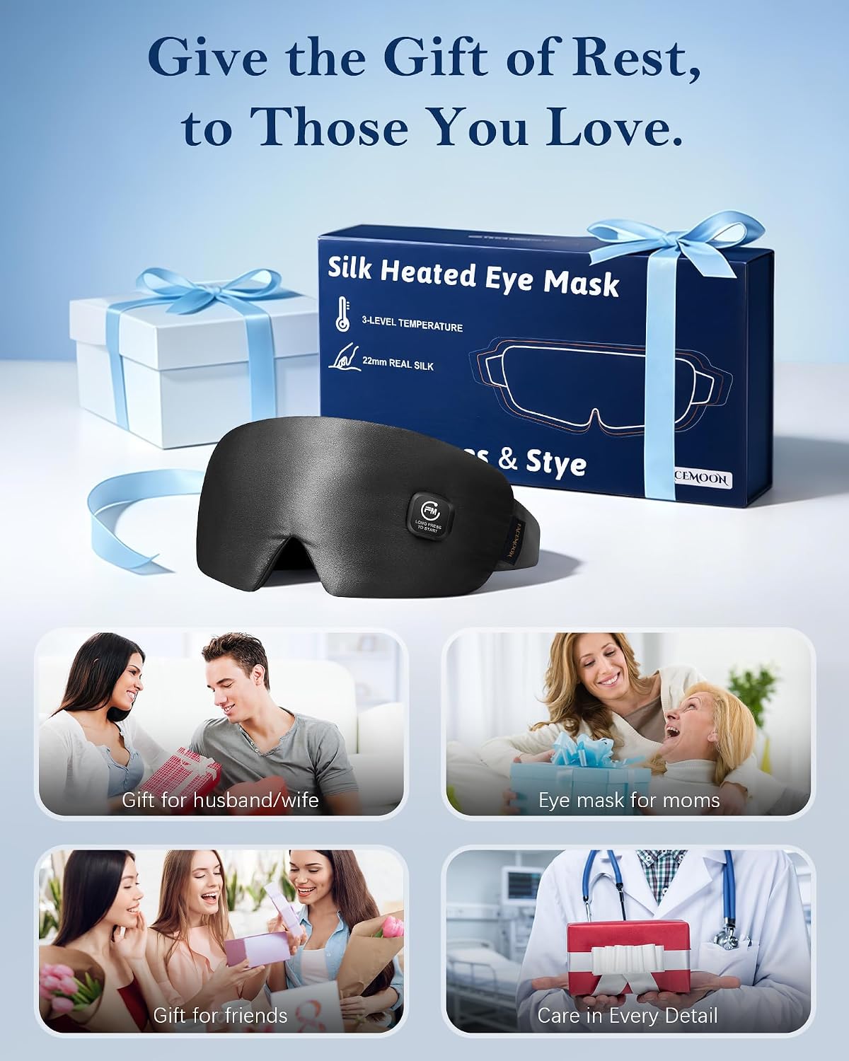FACEMOON Heating Eye Mask for Dry Eyes Cordless: Silk Heated Sleep Masks for Stye Treatment Eye Strain Blepharitis Relief - Rechargeable Moist Heat Warm Compress - Washable Electric Masks Black