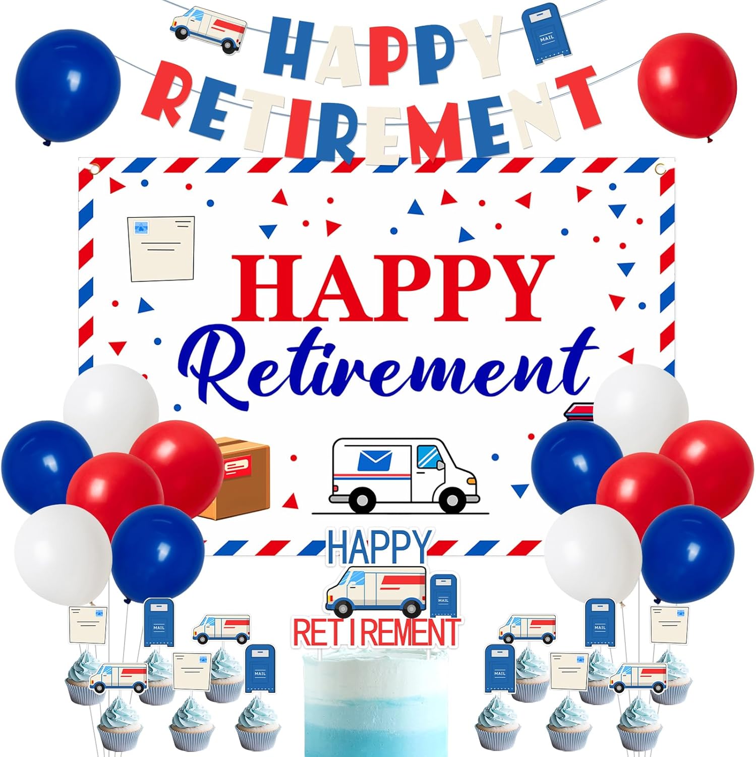Mailman Retirement Party Decorations Red Blue Mail Happy Retirement Banner Backdrop Mail Truck Mailbox Cake and Cupcake Toppers with Balloons Kit for Postal Worker Retired Party Supplies