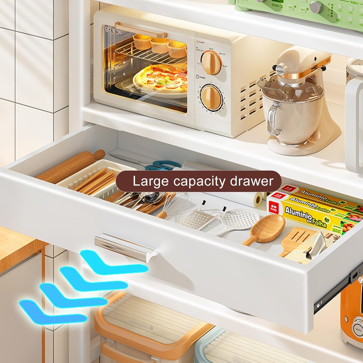 Kitchen Floor Cupboard Tall Storage Cabinet with Flip Doors Adjustable Shelves Kitchen Storage Sideboard with Countertop Free Standing，Microwave Oven Rack - Black Metal Baker's Rack with Dra