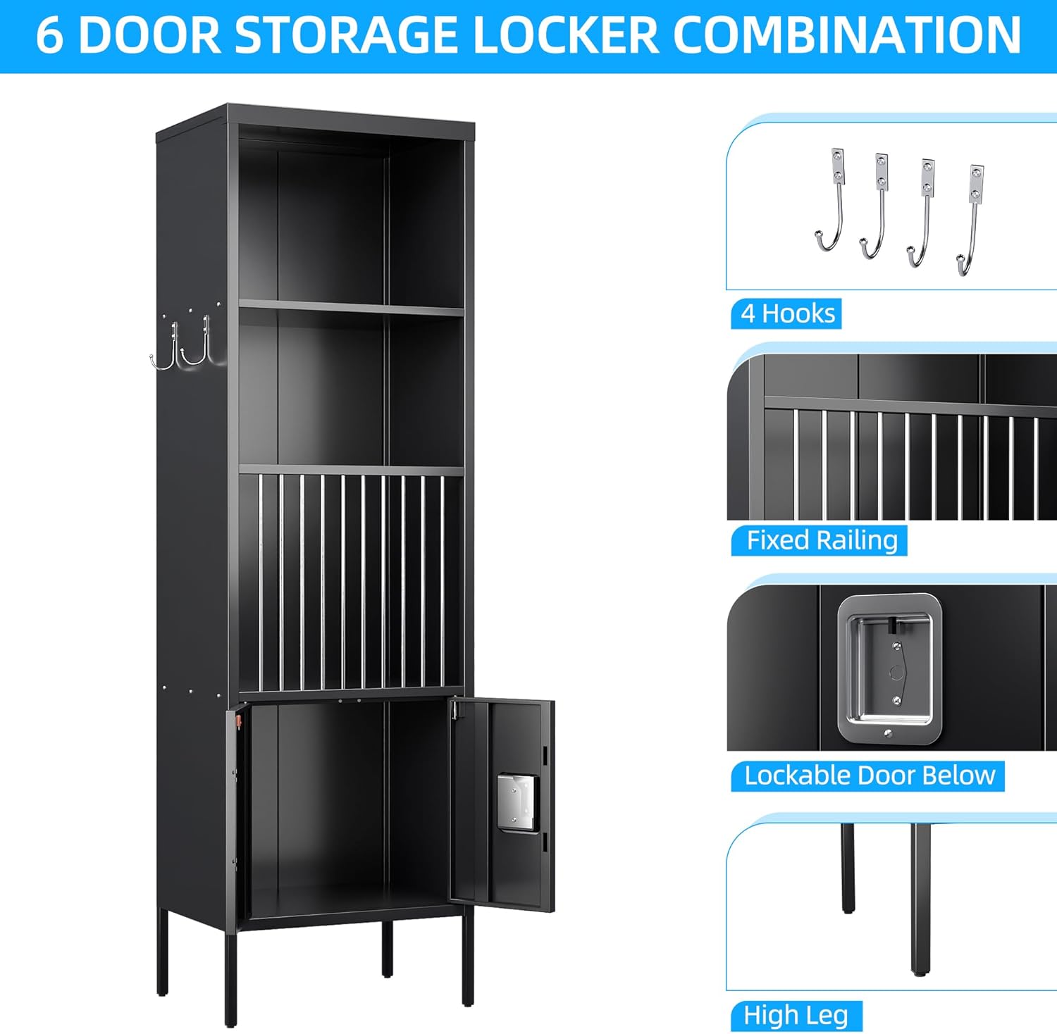 METAN Metal Sports Lockers for Bedroom,School,Steel Locker with Legs and Lockable Door,Black,Assembly Required