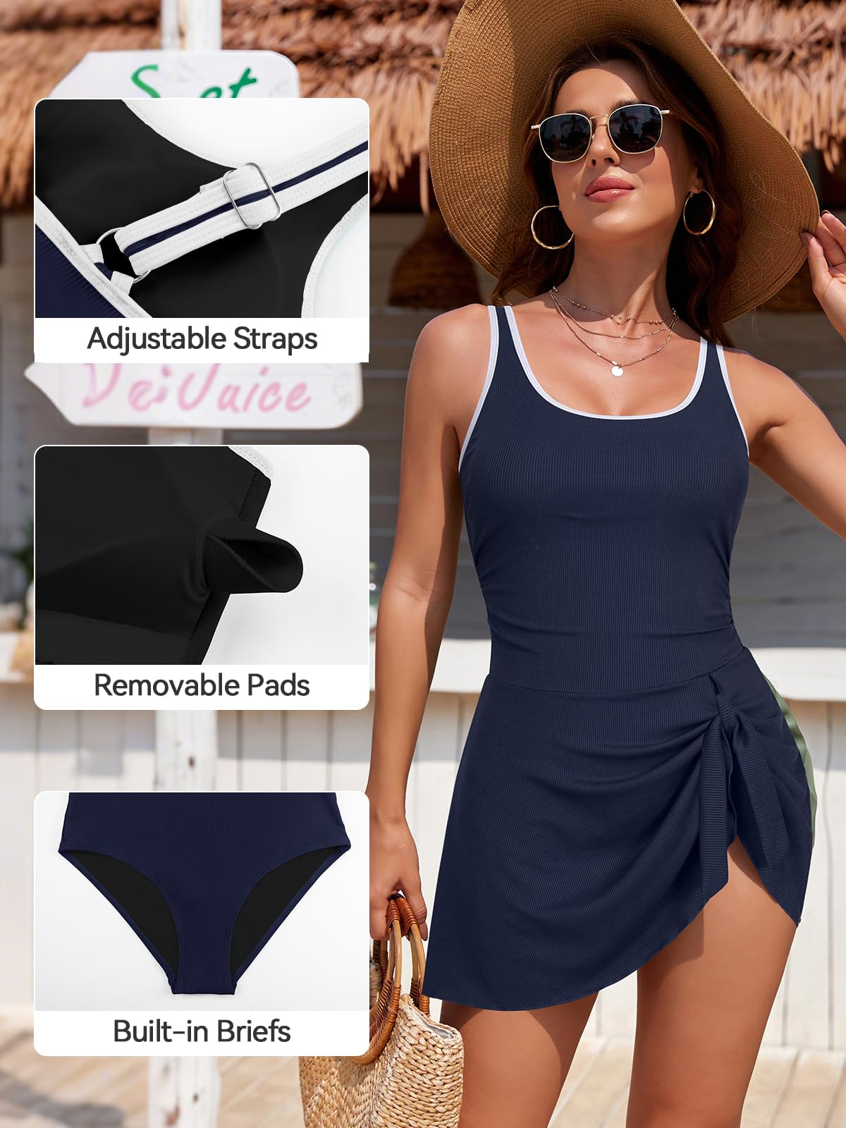 SHEKINI Einteiliger Badeanzug Damen Bauchweg Elegant Badeanzugkleid Modest Gerippte Badeanzüge mit Rock Split Seitlicher Badekleid Bademode Swimsuit Frauen