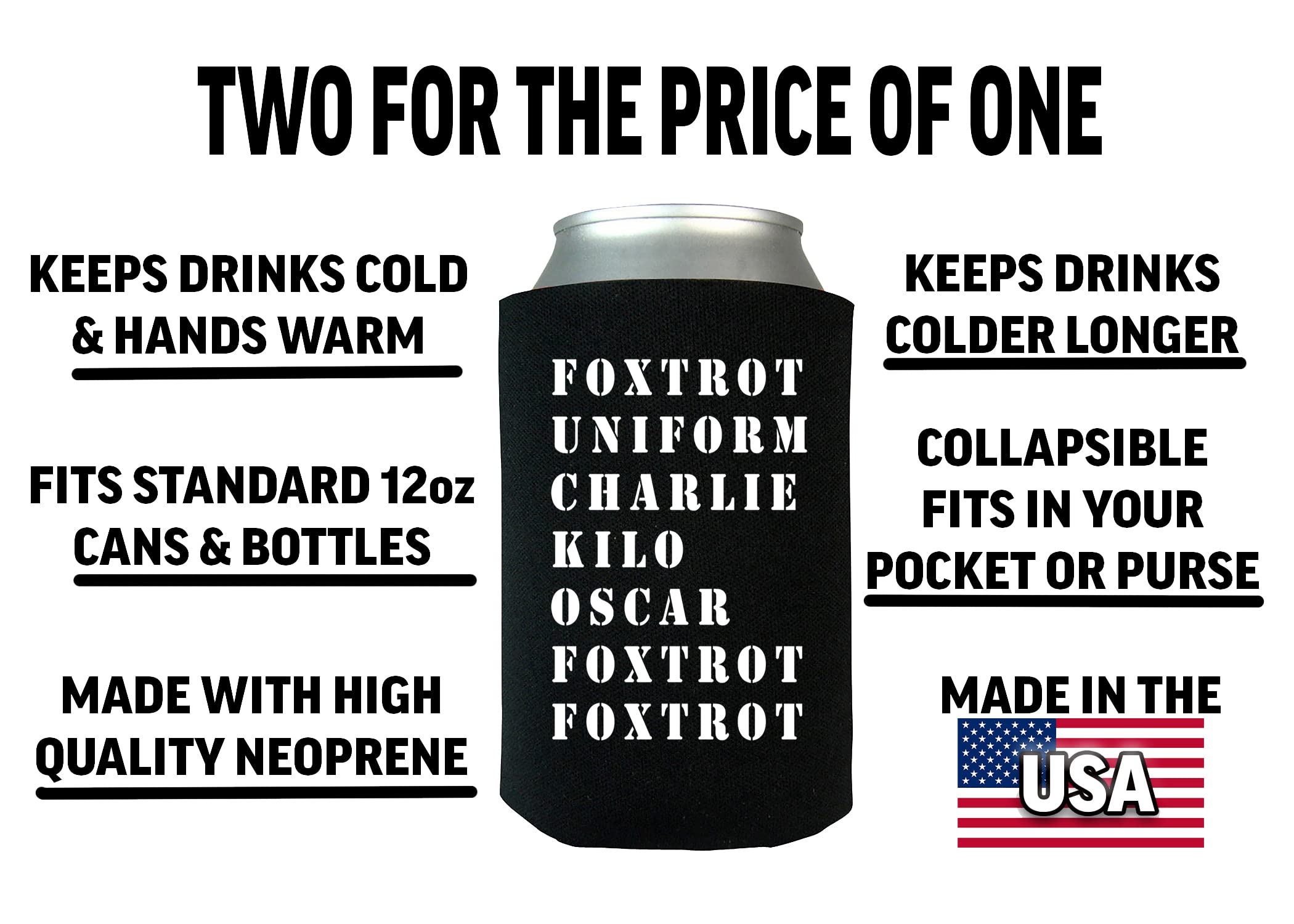 Rogue River Tactical Funny Joke Military Veteran Foxtrot Off Collapsible Beer Can Bottle Beverage Cooler Sleeves 2 Pack Gift Set